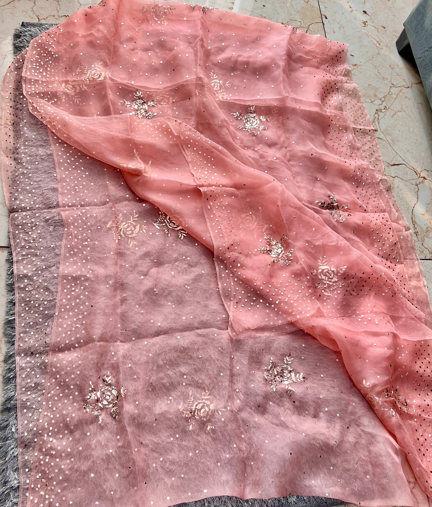 Coral Pure Organza Saree with Badla and Mukaish Work