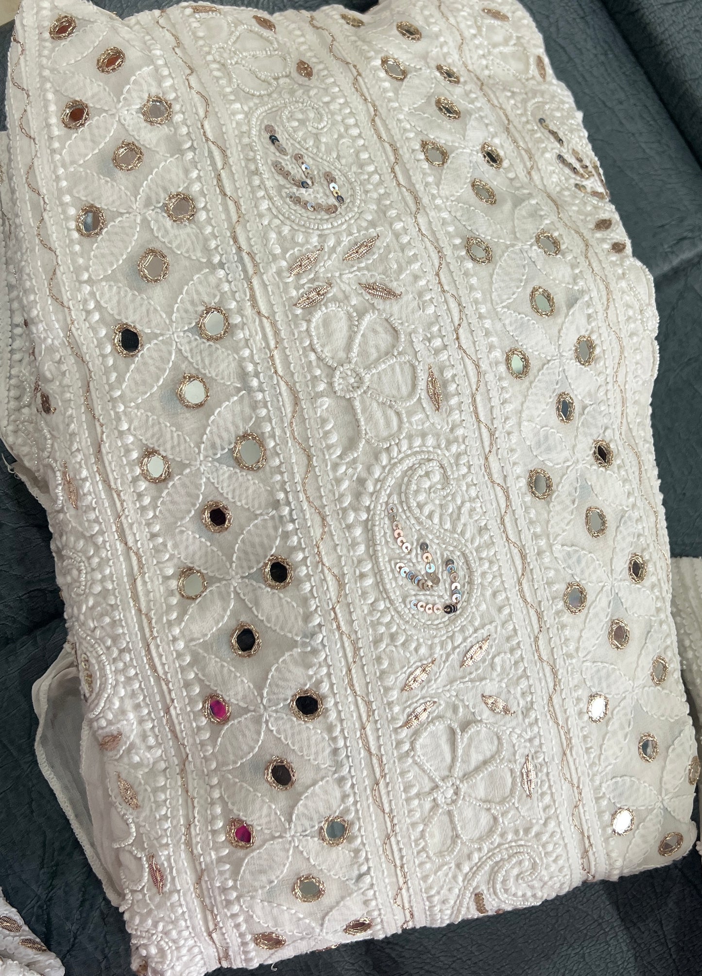 Off White Chikankari Mirror Pearl Sequins Anarkali with Dupatta