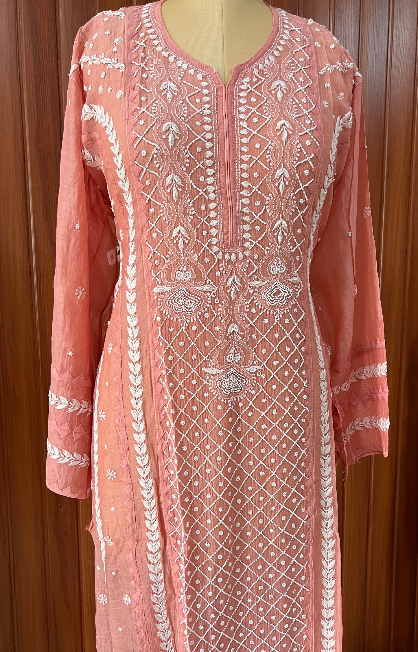 Coral Mul chanderi Chikankari pearl embroidered kurta and dupatta