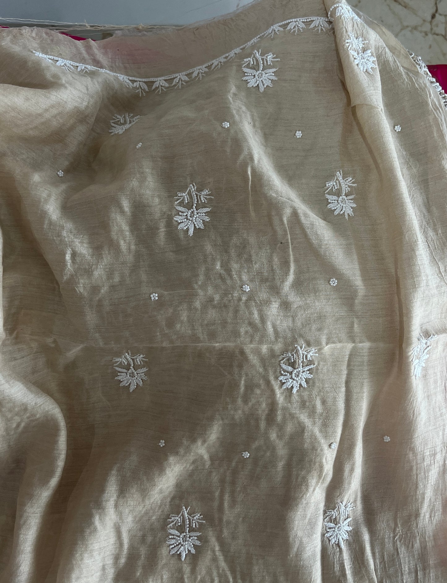 Munga silk Chikankari and pearl embroidered kurta and dupatta