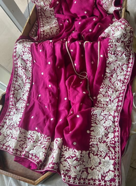 Fuchsia Pink Pure Crepe Parsi Gara Hand Embroidered Saree