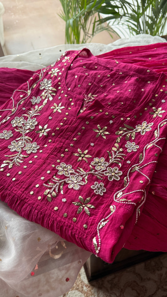 Hot Pink Badla Mukaish and pearl work Mul Chanderi Sharara Suit