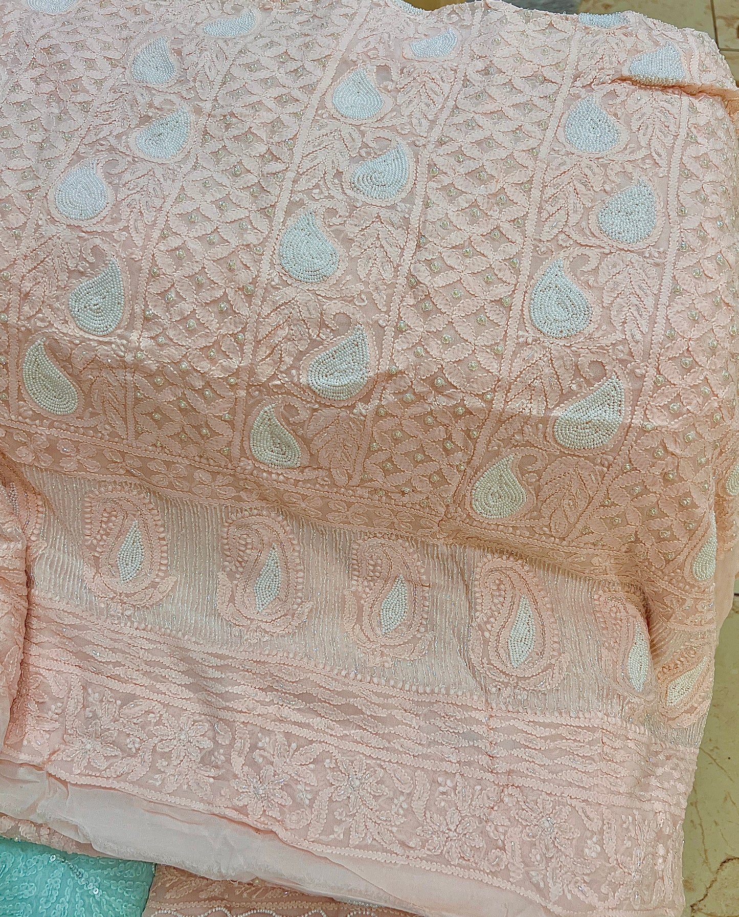 Soft peach Chikankari Pearl and Cut Dana Kurta and Dupatta