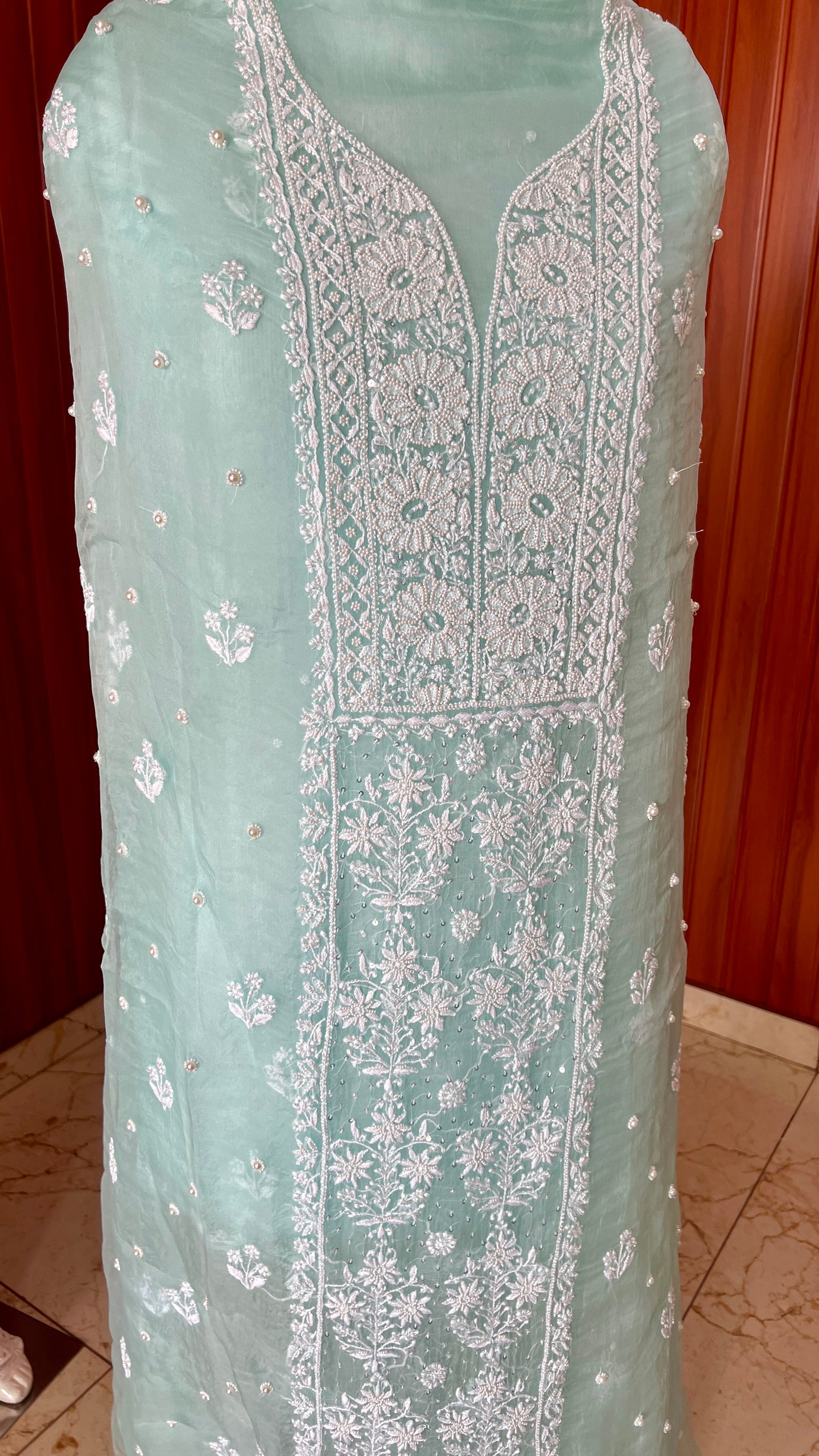 Sea Green Chikankari and pearl work pure Organza kurta with dupatta