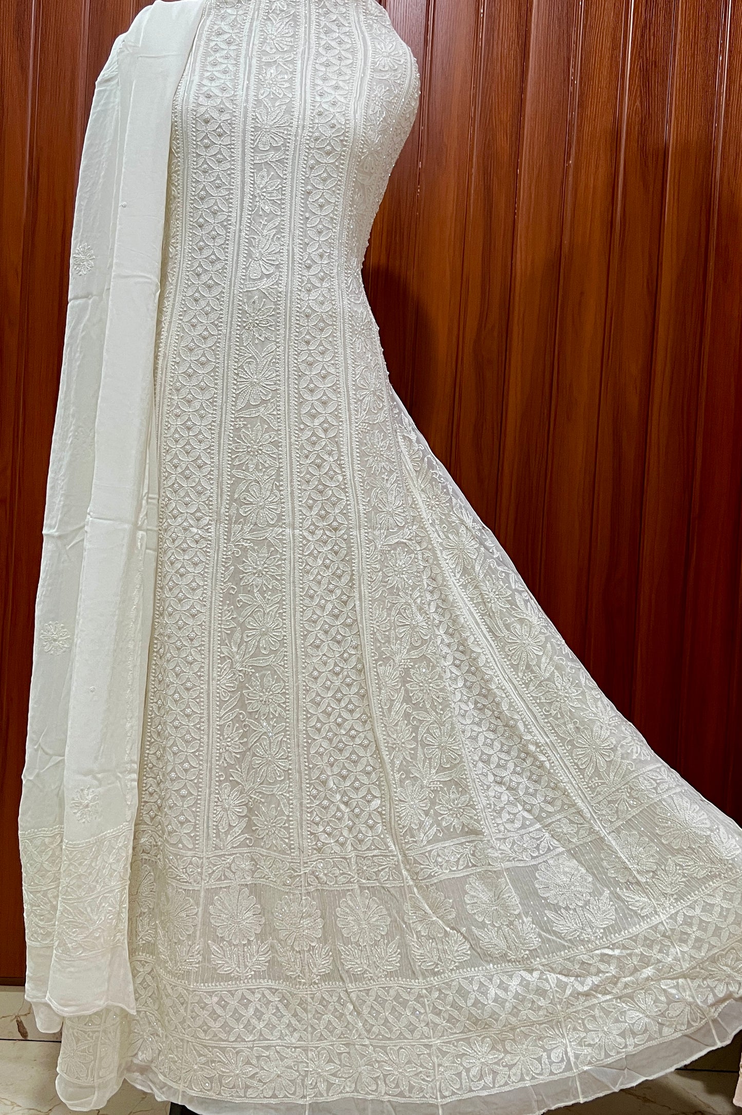 White Chikankari Pearl Cut Dana Anarkali with Dupatta