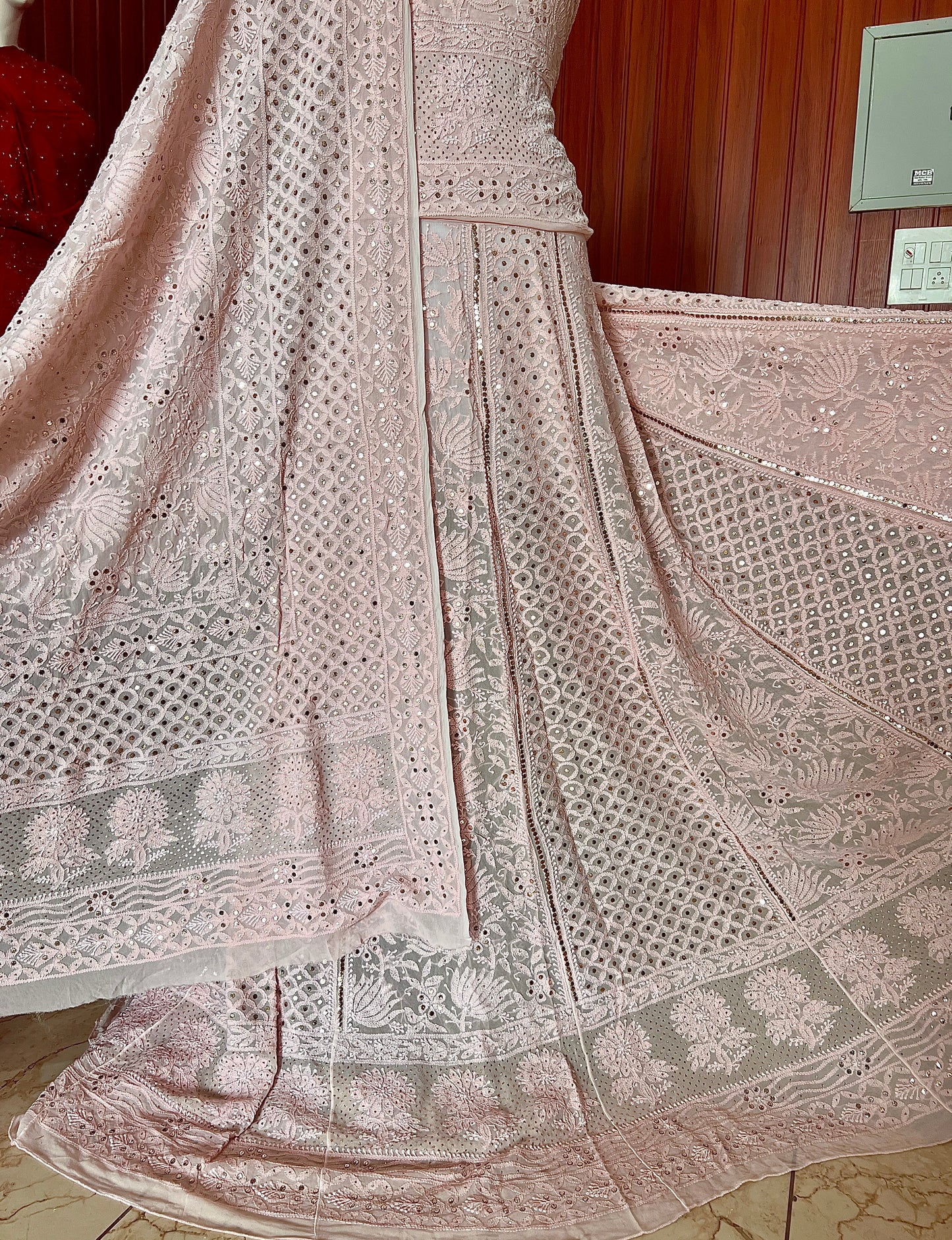 Dusty pink allover Chikankari and mukaish lehenga set
