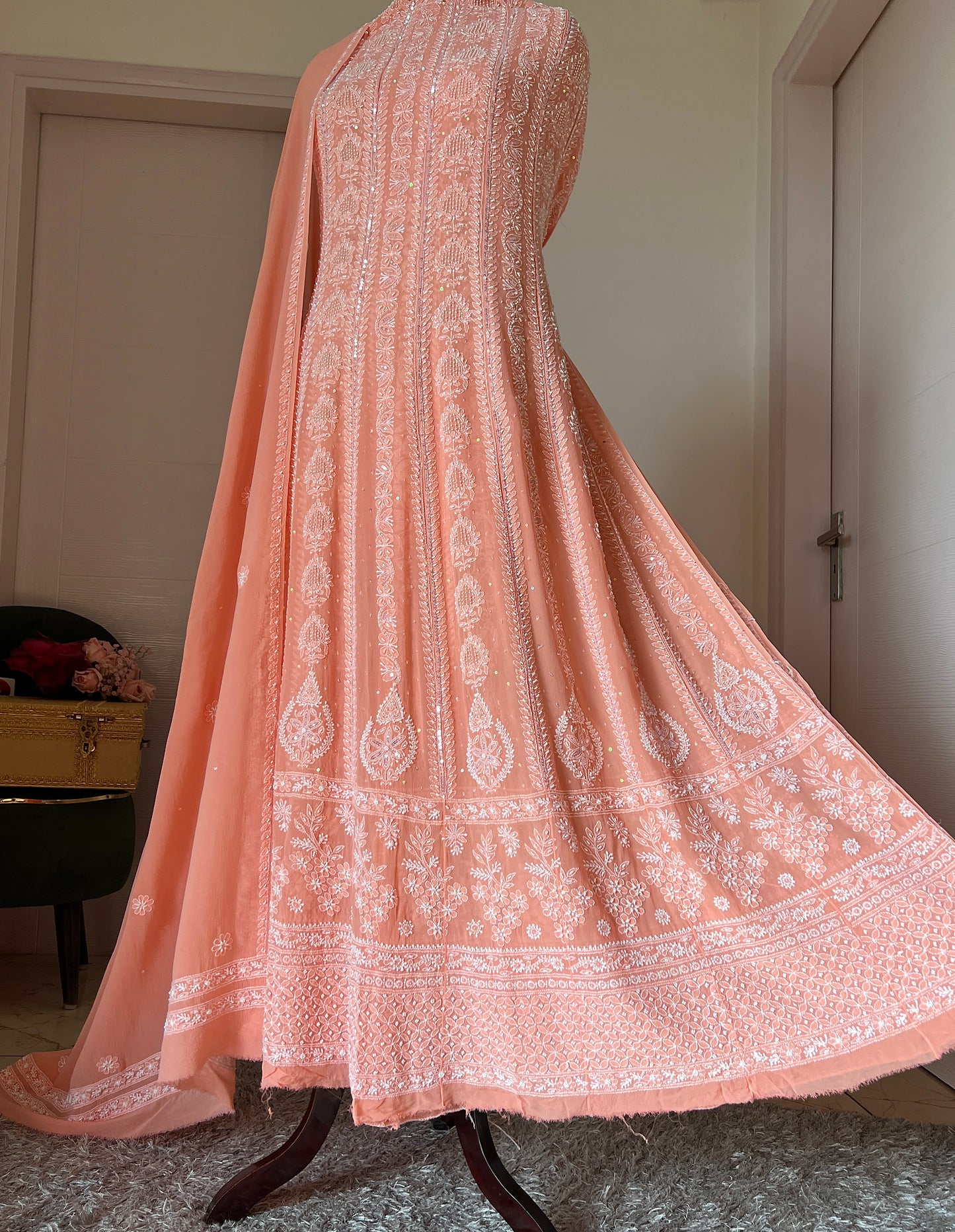 Peach fine Chikankari pearl and sequins Anarkali with Dupatta