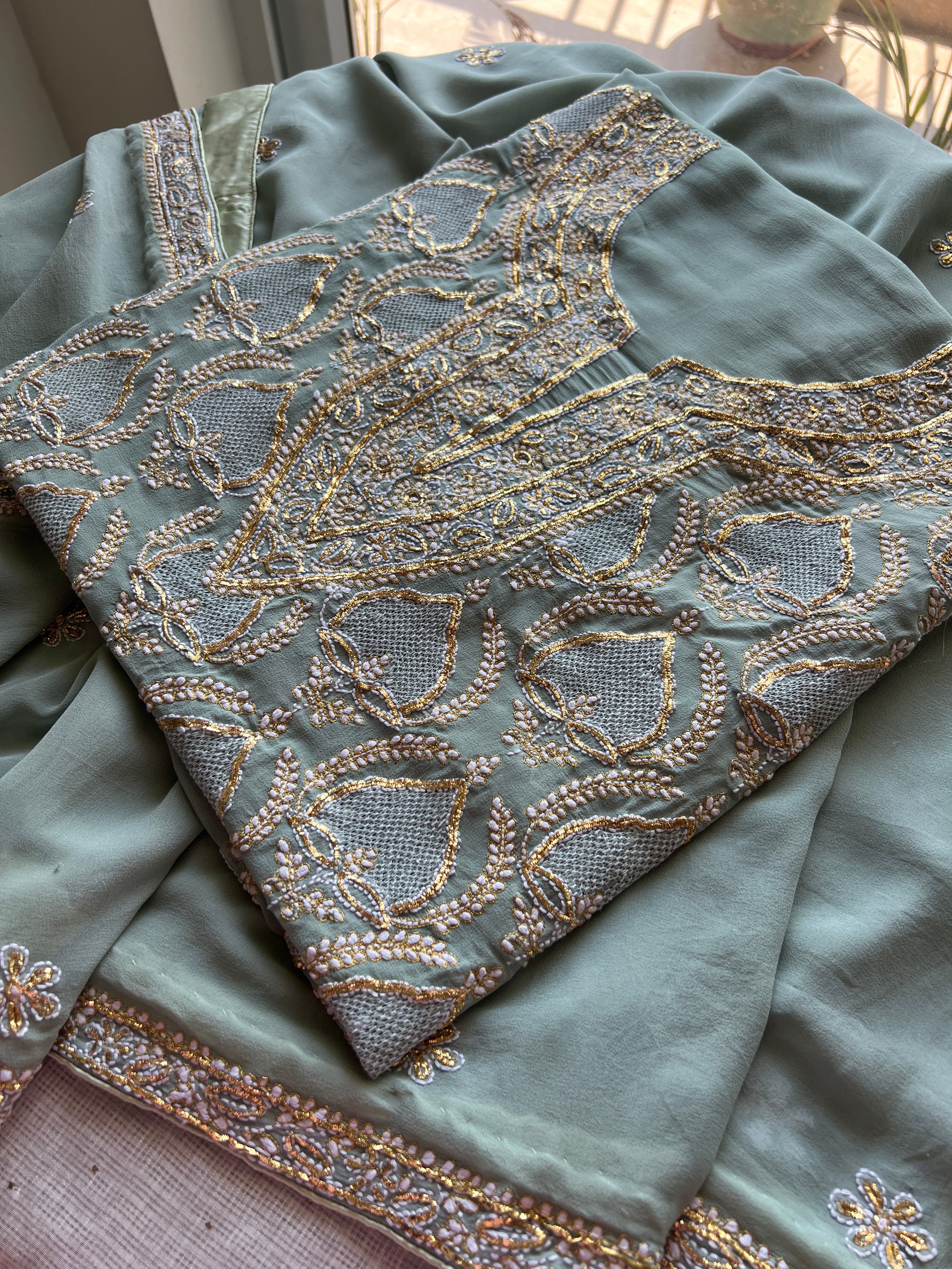 Sage Green Chikankari Pitta kasab work k...