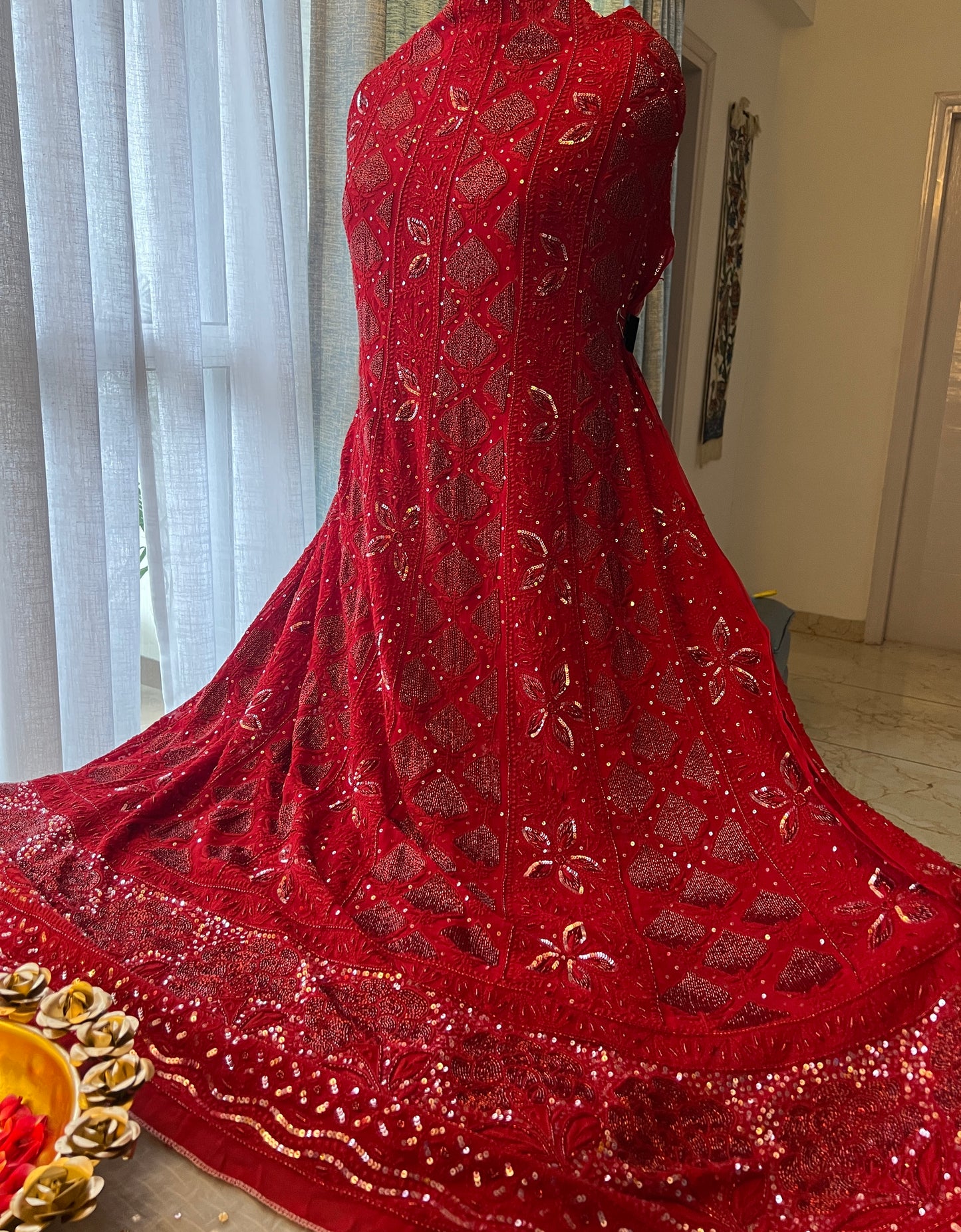 Reddish Maroon Chikankari Sequins and Cut Dana Anarkali