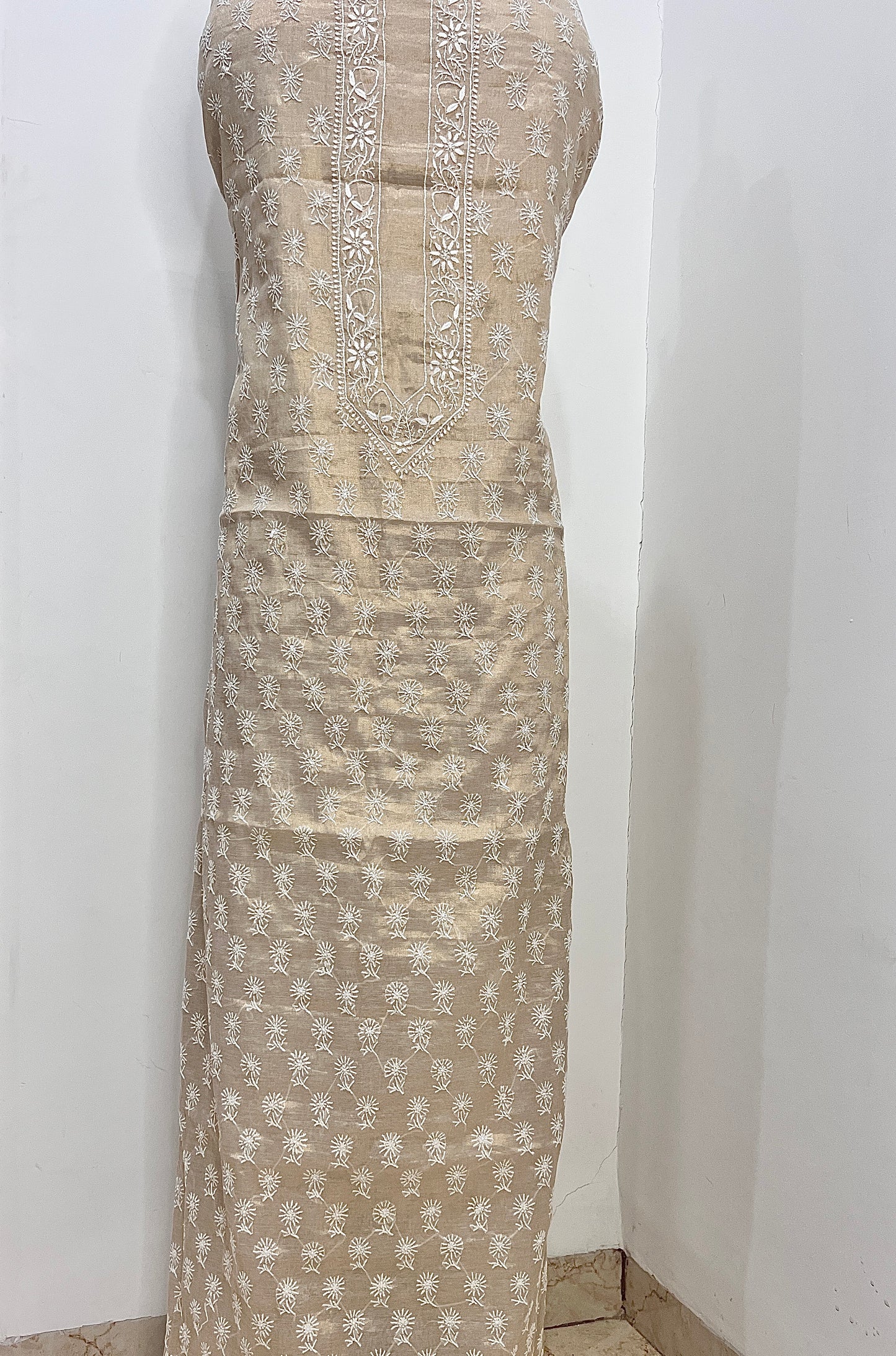 Tissue Chanderi Silk fine Chikankari Kurta Fabric