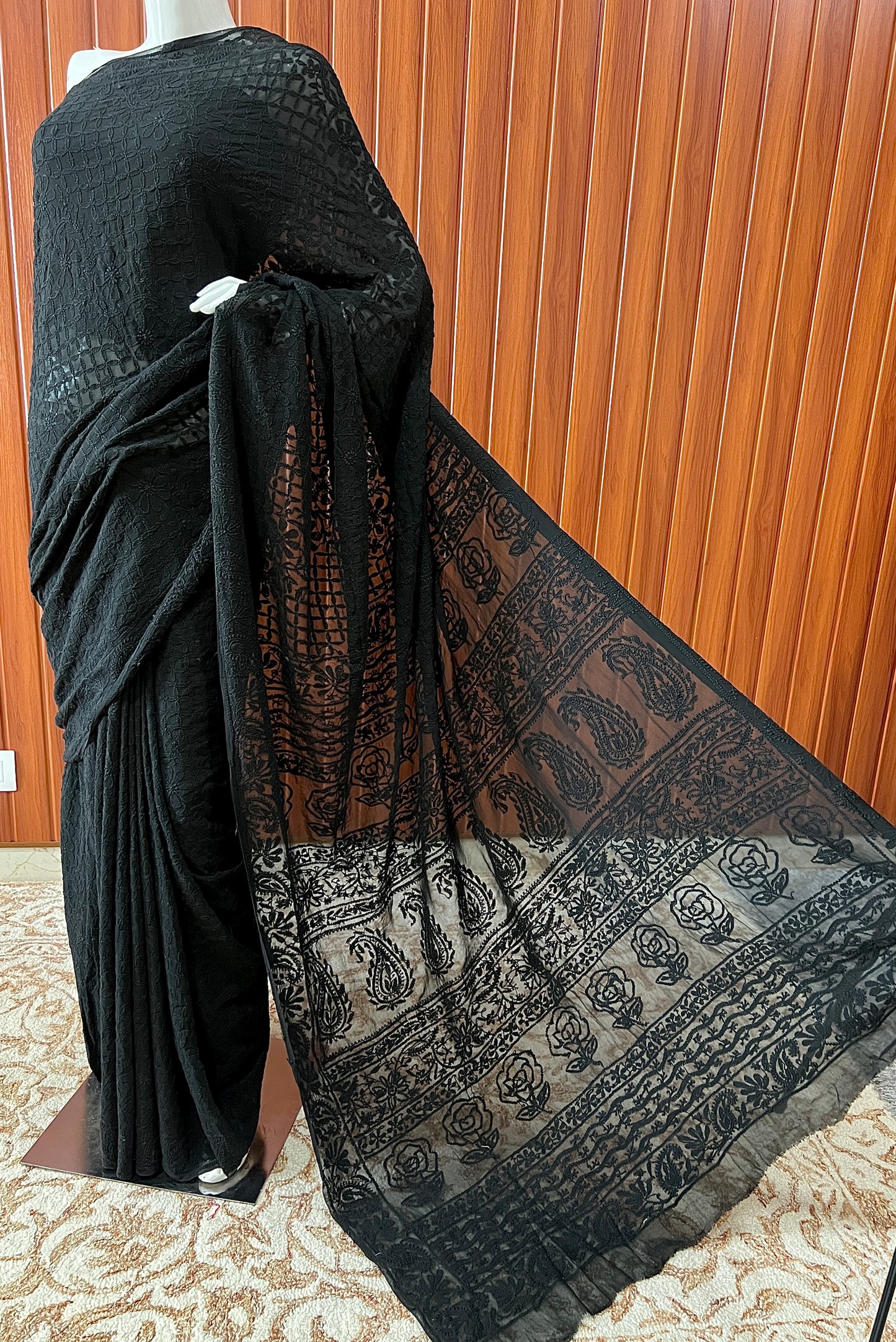 Ruhani Black fine Chikankari Hand Embroidered Saree