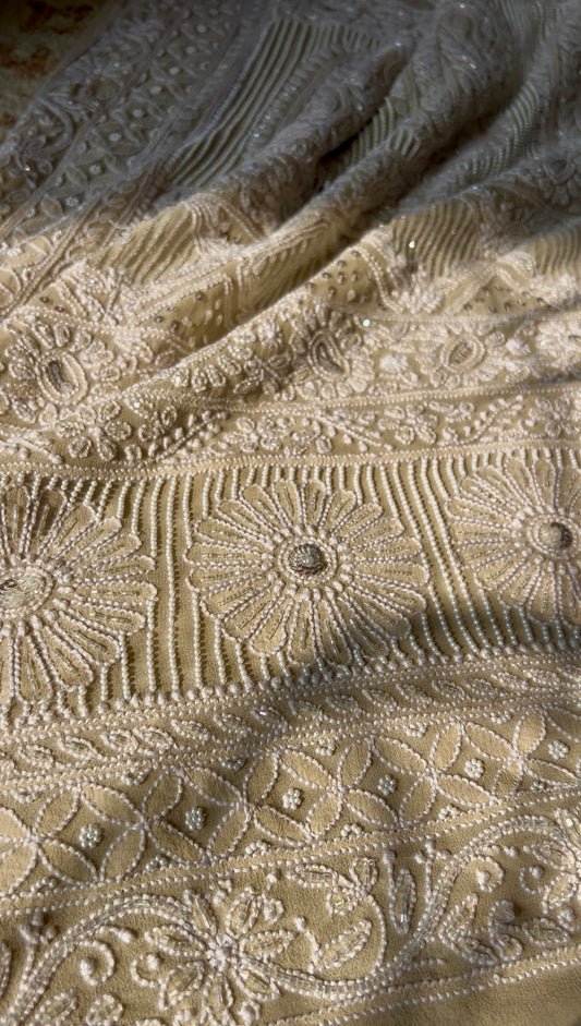 Ruhani Nude Champagne Chikankari Pearl Cut Dana and Sequins Saree