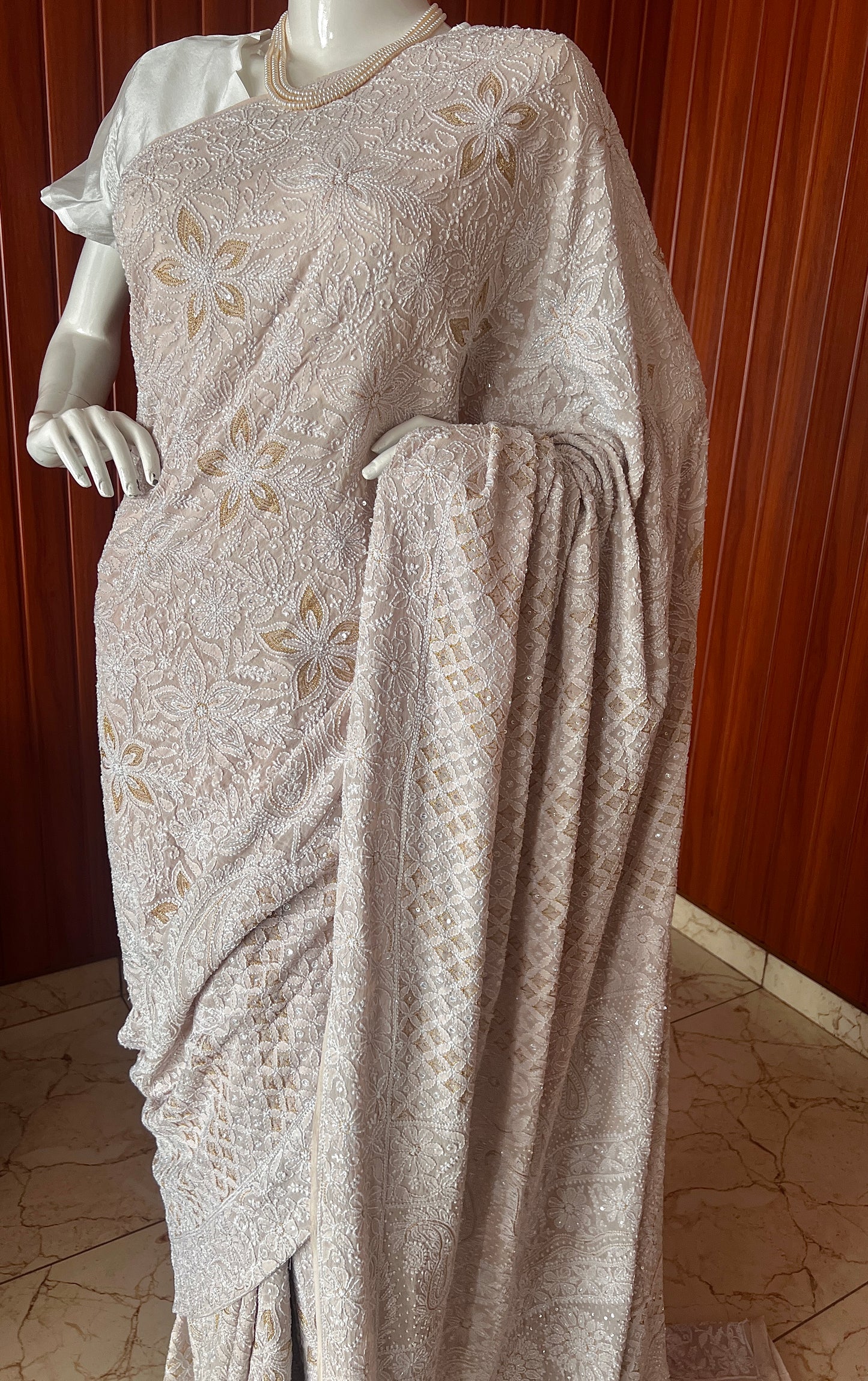 Ruhani Nude Champagne Chikankari and Cut Dana Saree