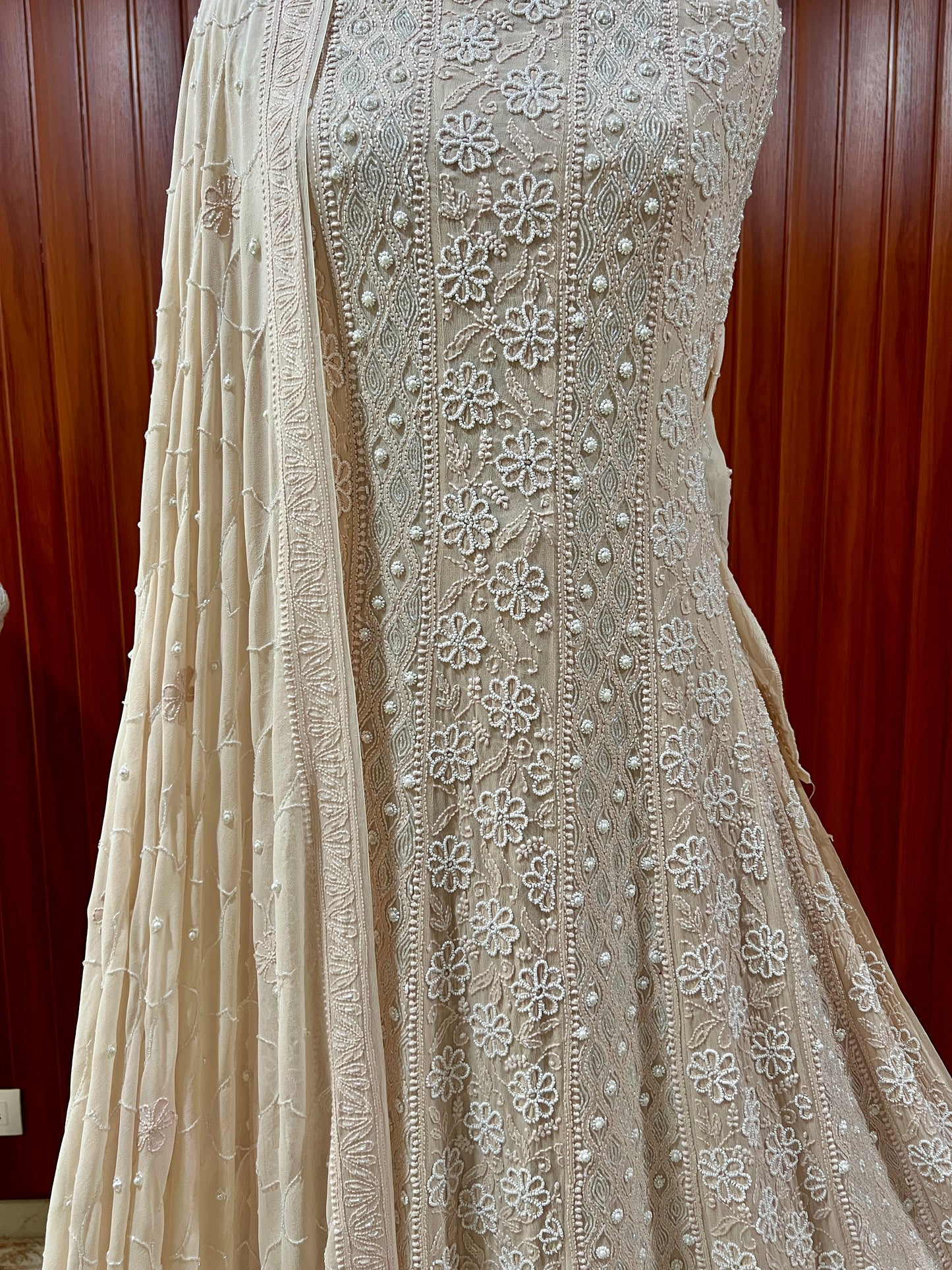 Beige fine Chikankari Pearl Sequins and Cut Dana Anarkali