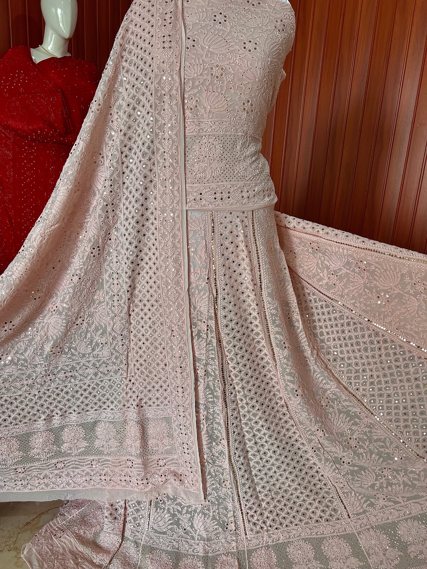 Dusty pink allover Chikankari and mukaish lehenga set