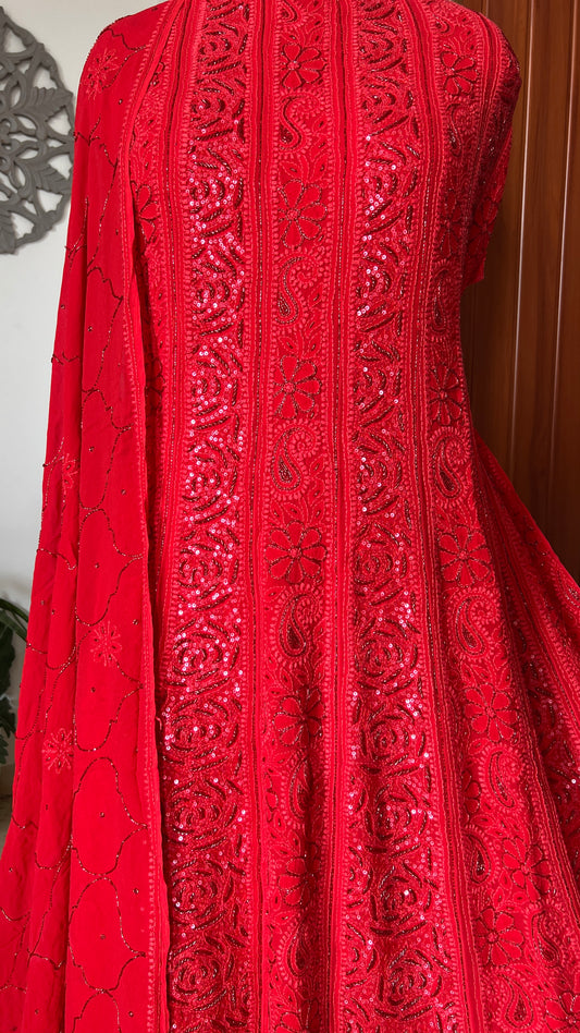 Red Chikankari Sequins and Cut Dana Anarkali