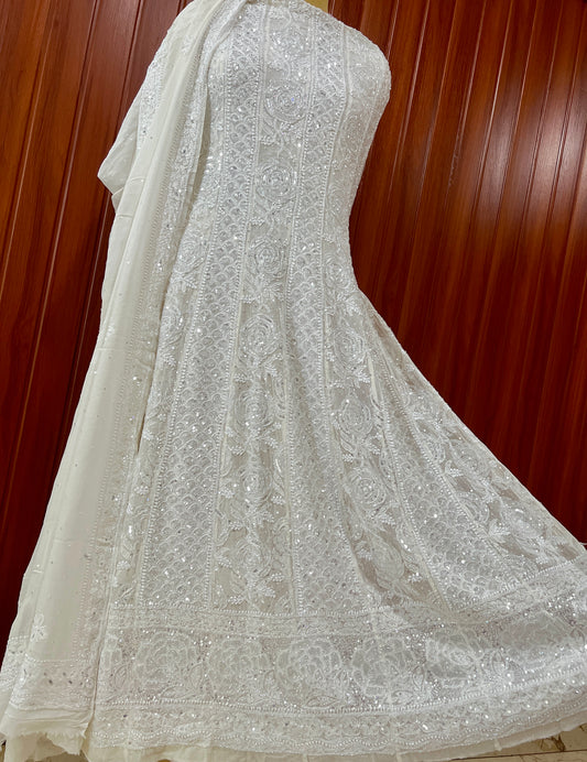 Ruhani White Chikankari Sequins and Cut Dana Anarkali