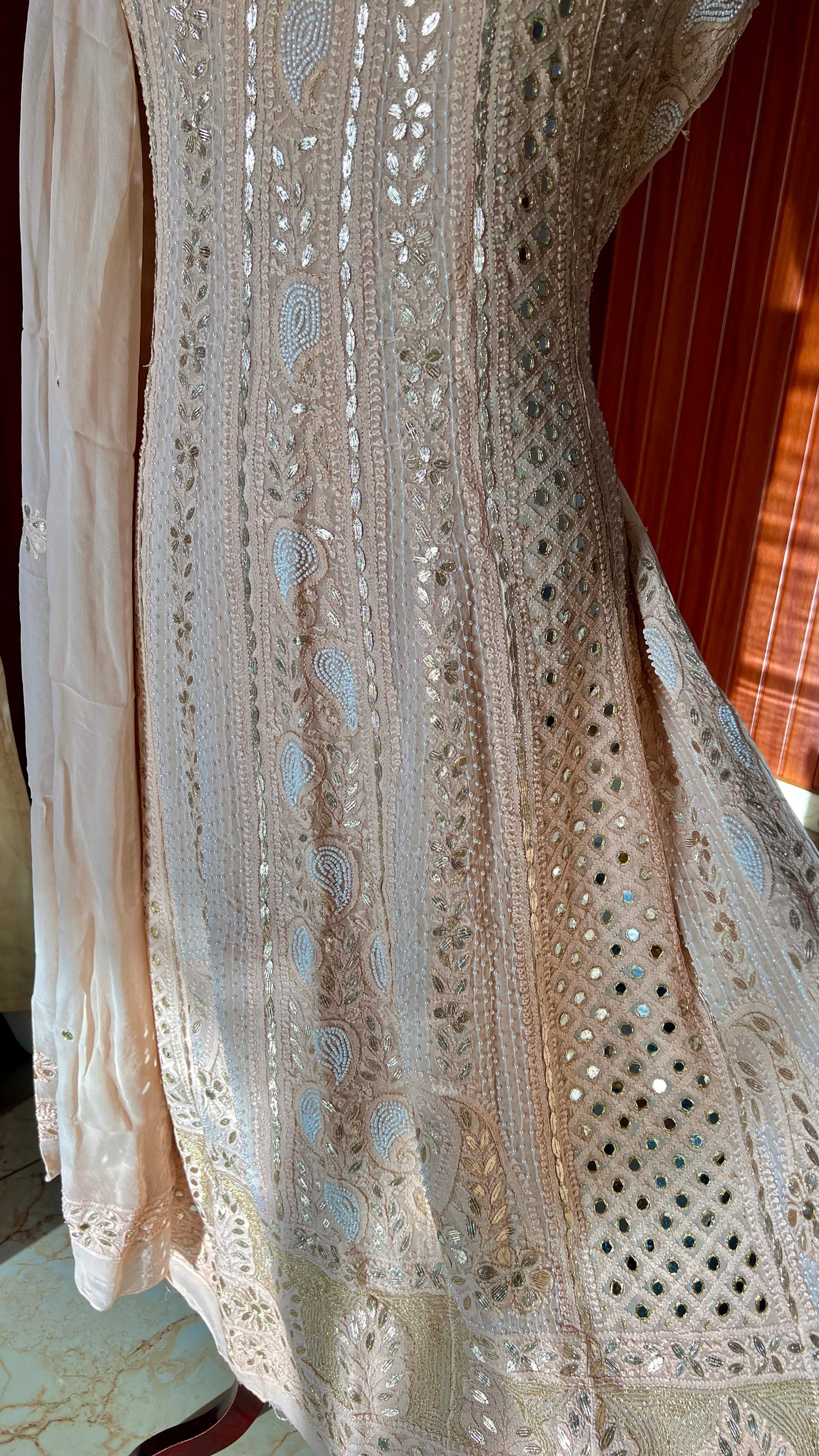 Beige Chikankari Mirror Gota Patti Pearl Anarkali with Dupatta