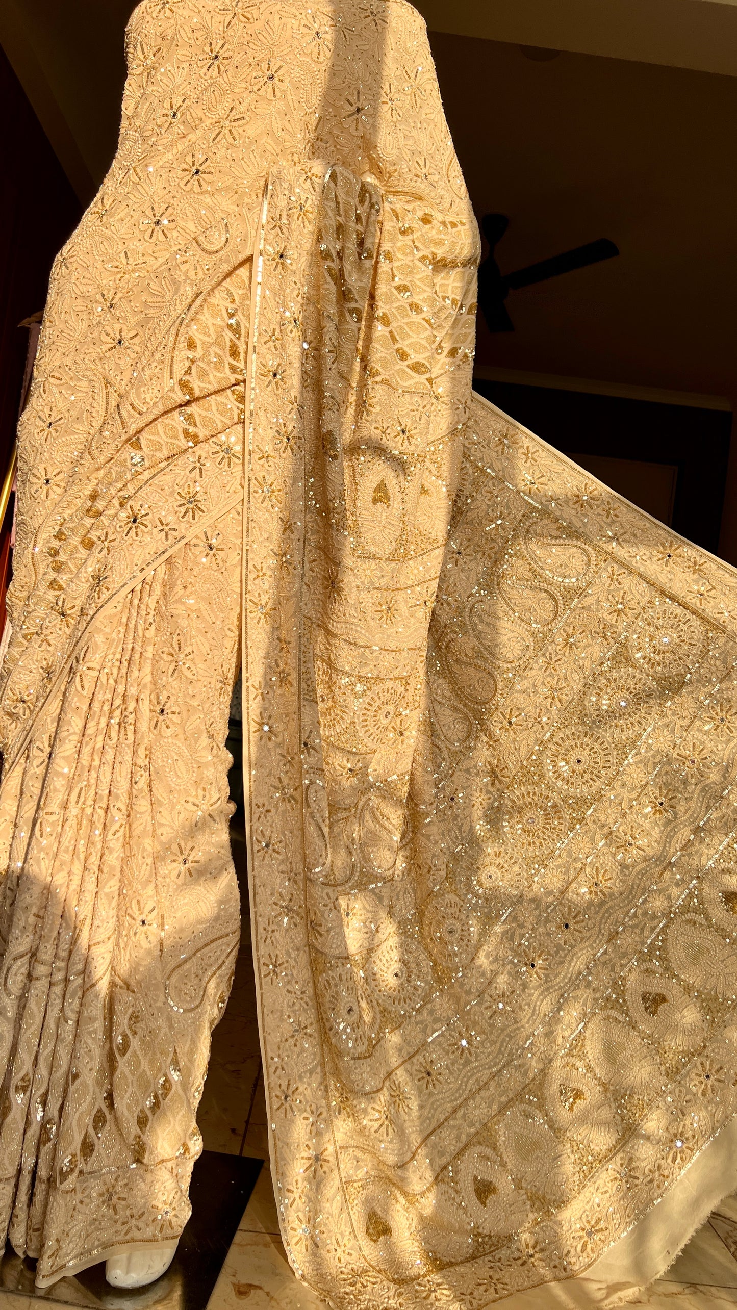 Ruhani Golden Beige Chikankari Sequins Cut Dana Embroidered Masterpiece Saree