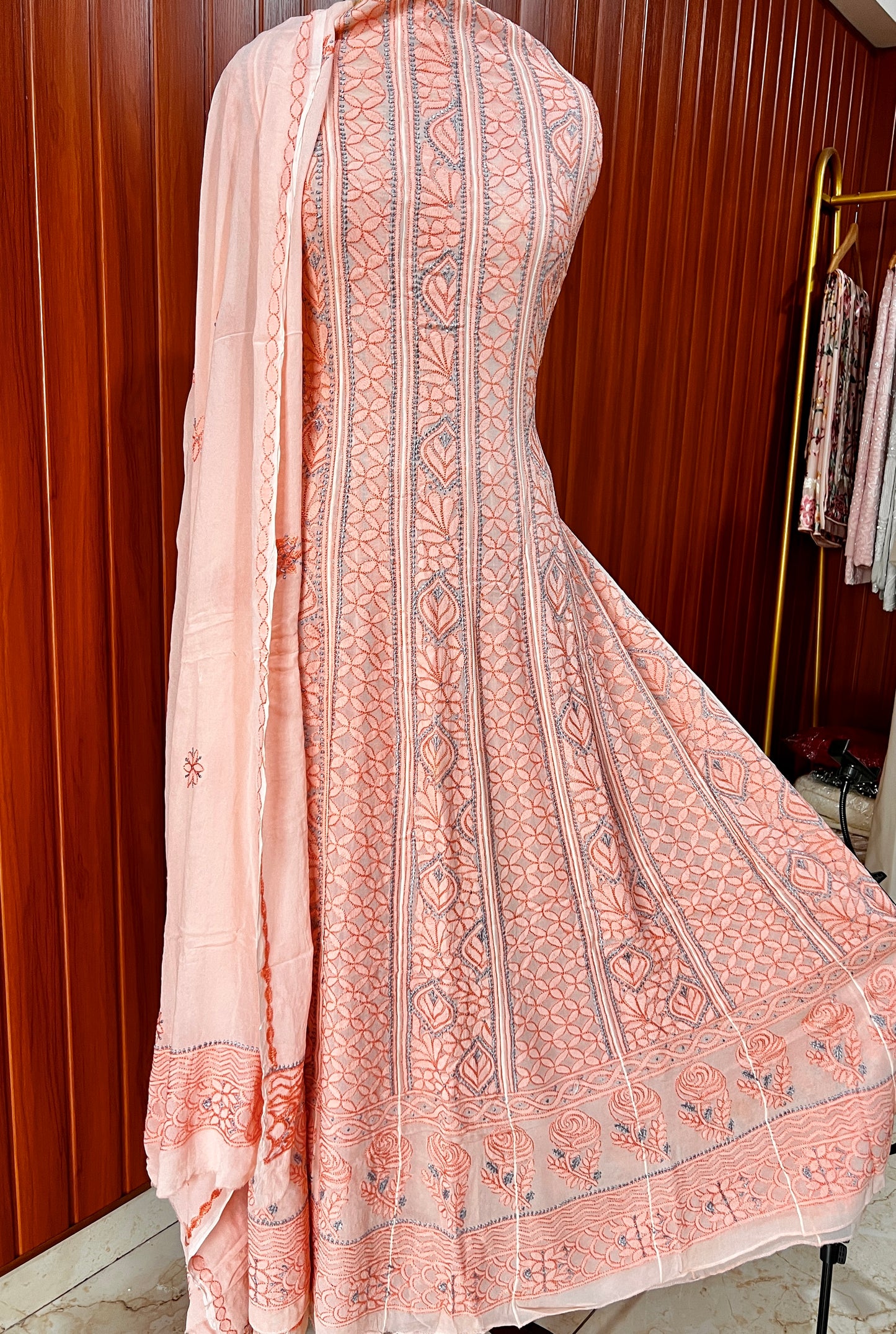 Peach Resham Chikankari Embroidered Anarkali with Dupatta