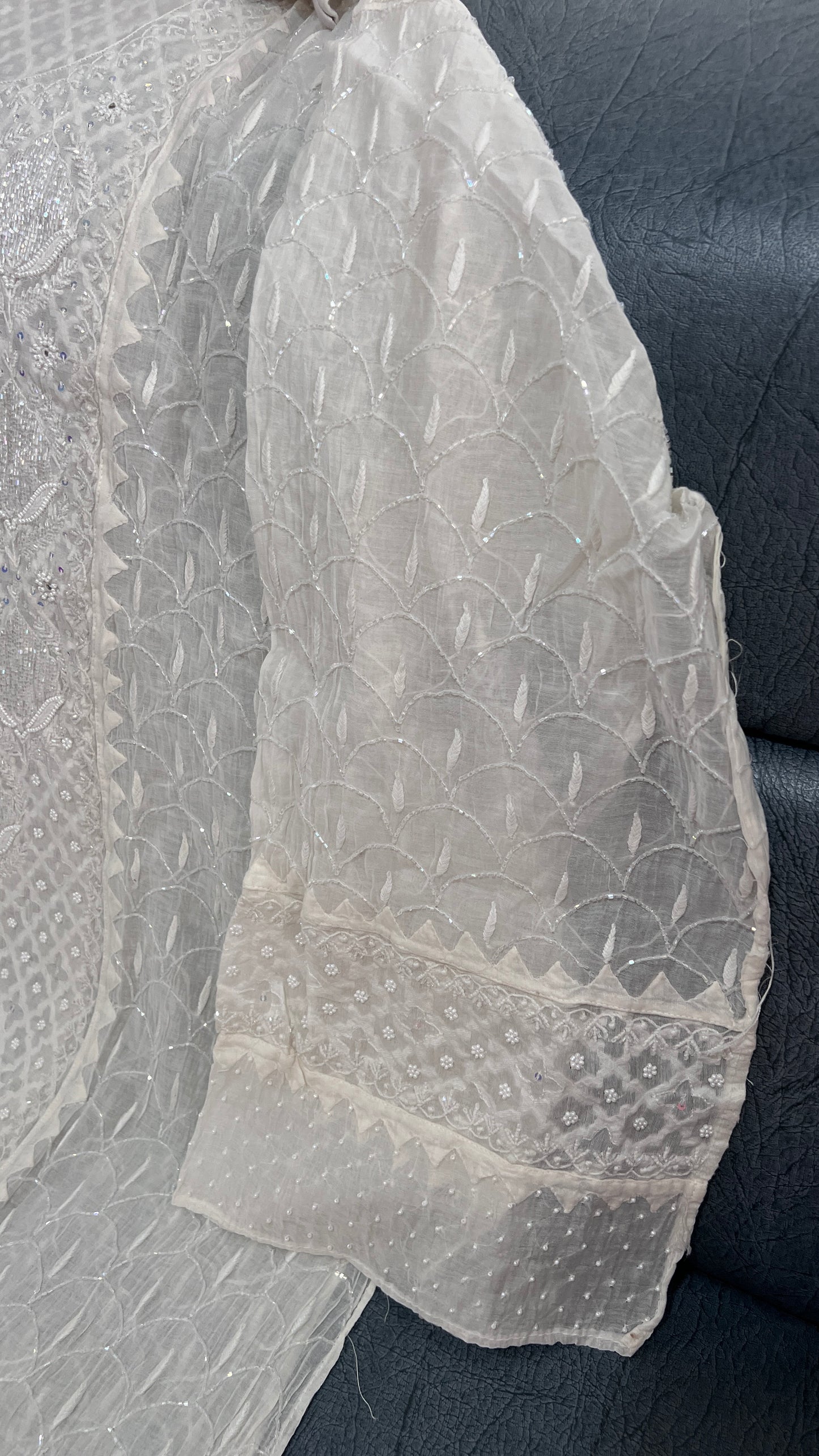 Ivory pearl and cut dana work mulmul kurta with dupatta