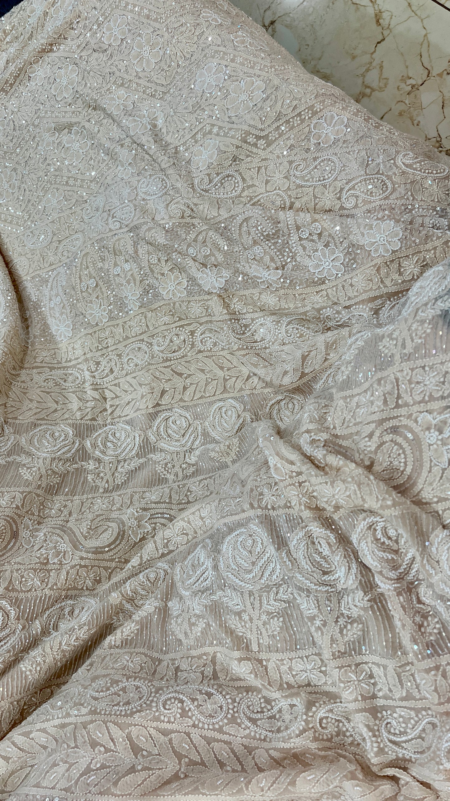 Ruhani Nude Beige Chikankari Cut Dana and Sequins Saree