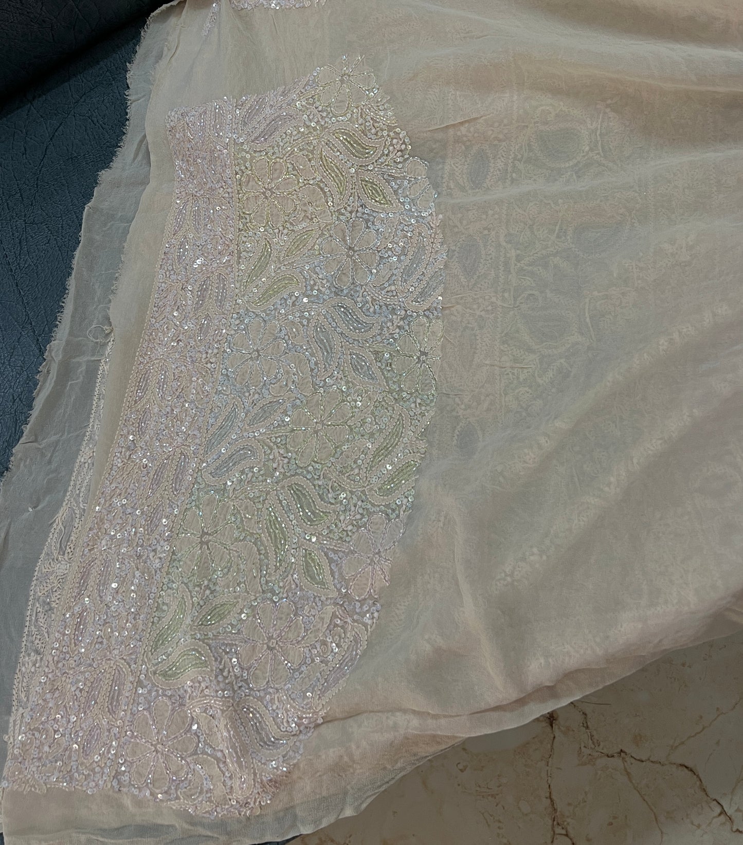 Ruhani Champagne Masterpiece Chikankari and Multicolored Cut Dana Saree