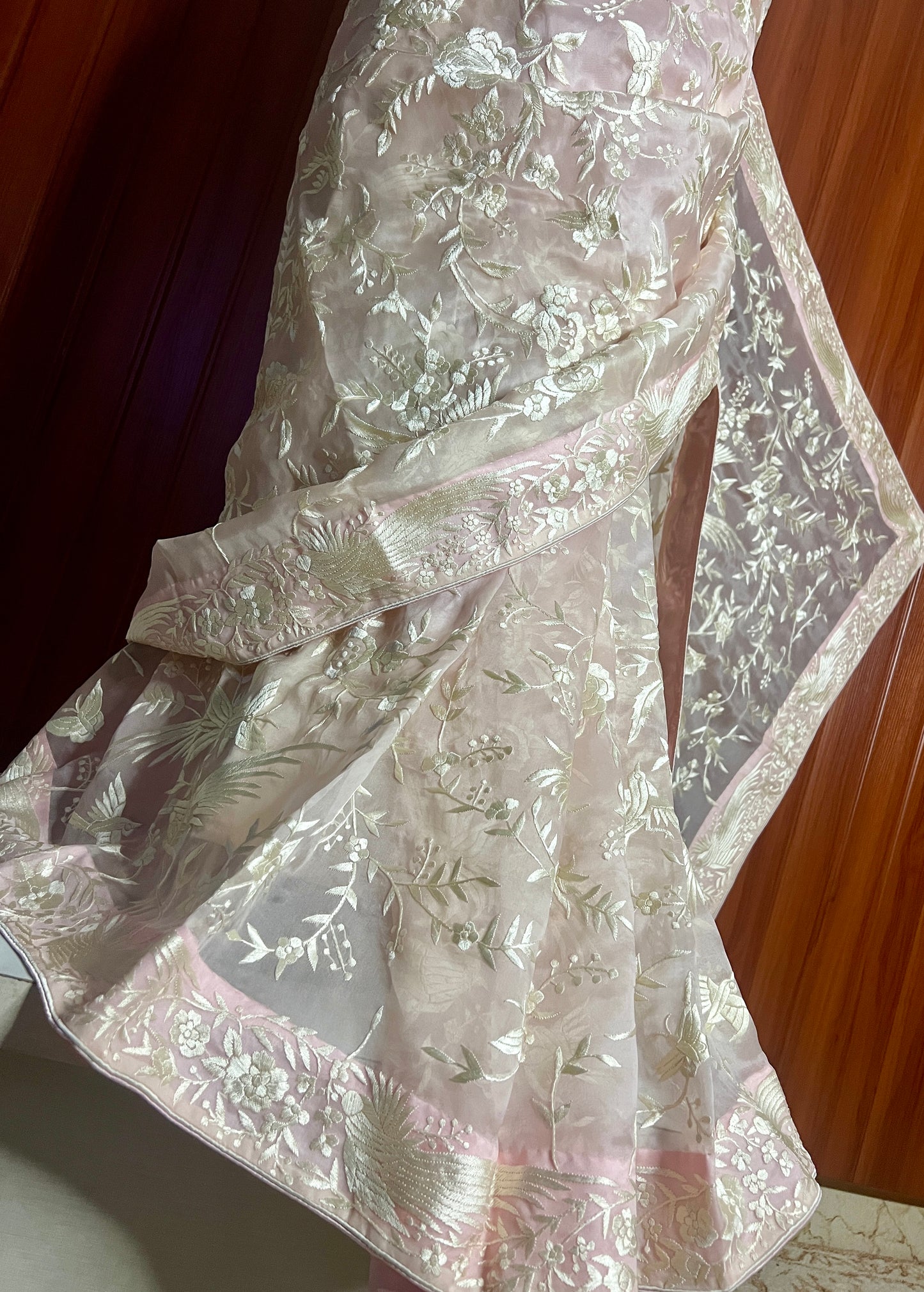 Light Pink Masterpiece Parsi Gara Hand Embroidered Pure Organza Saree