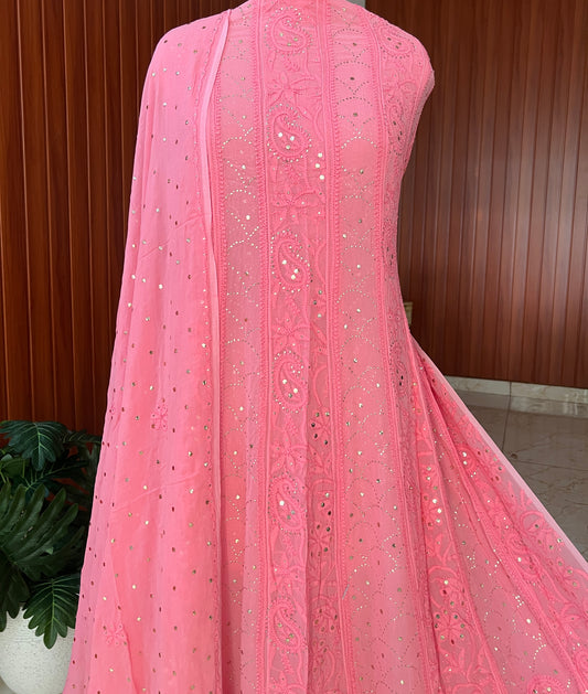 Pink allover Chikankari and mukaish anarkali with dupatta