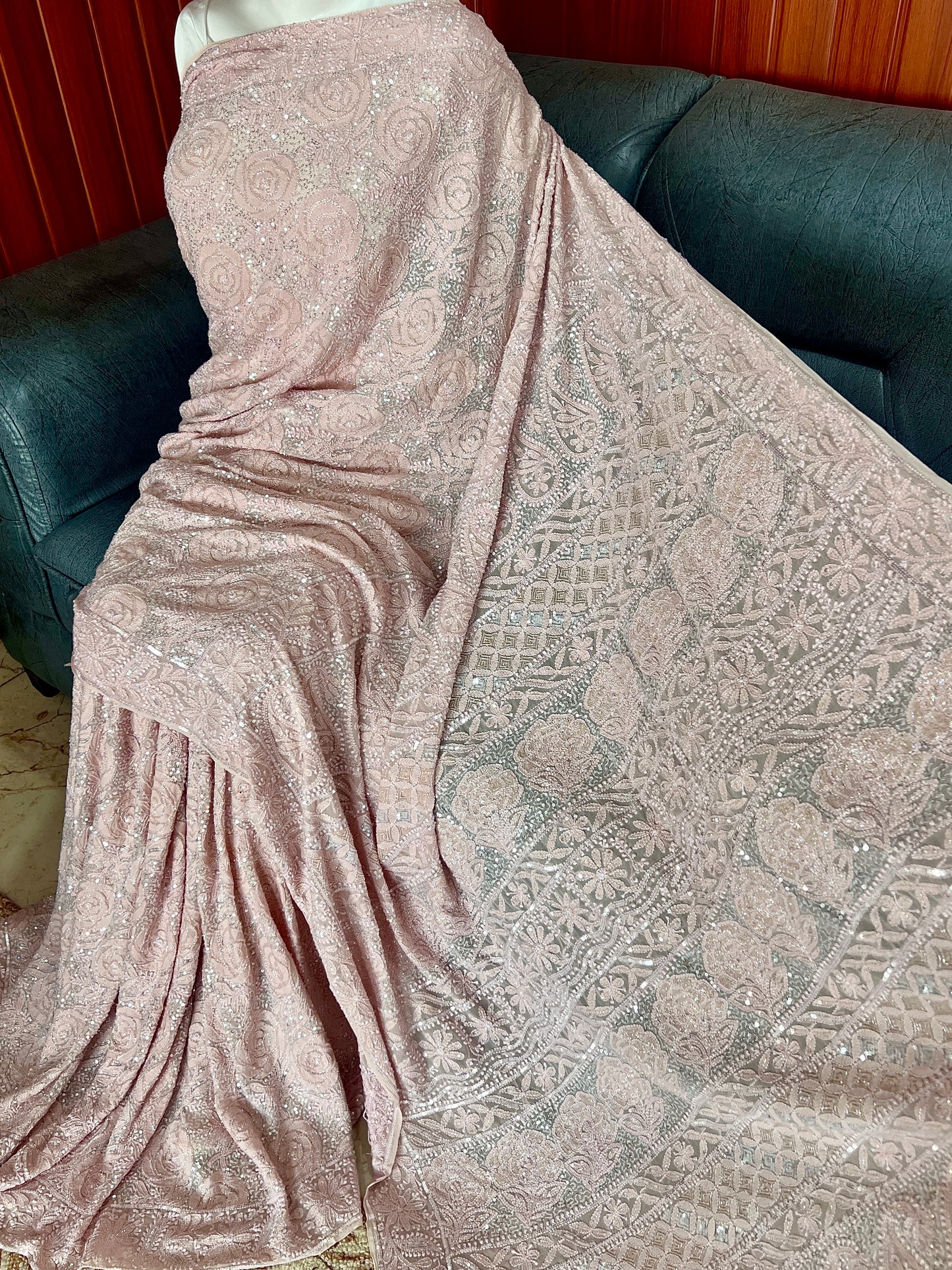 Gulaab Dusty Pink Masterpiece Chikankari Sequins and Cut Dana Saree