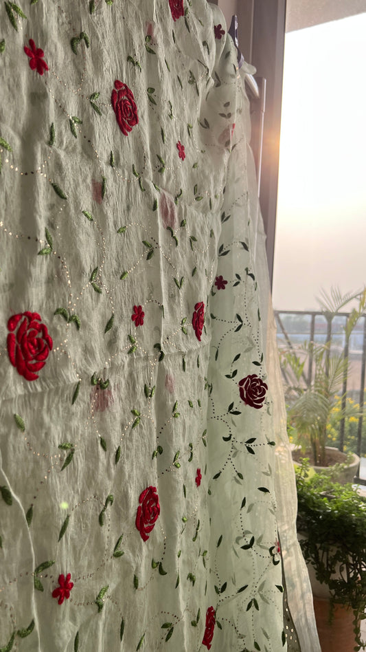 Ruhani Pista green Pure Organza Saree with Resham and Mukaish Work