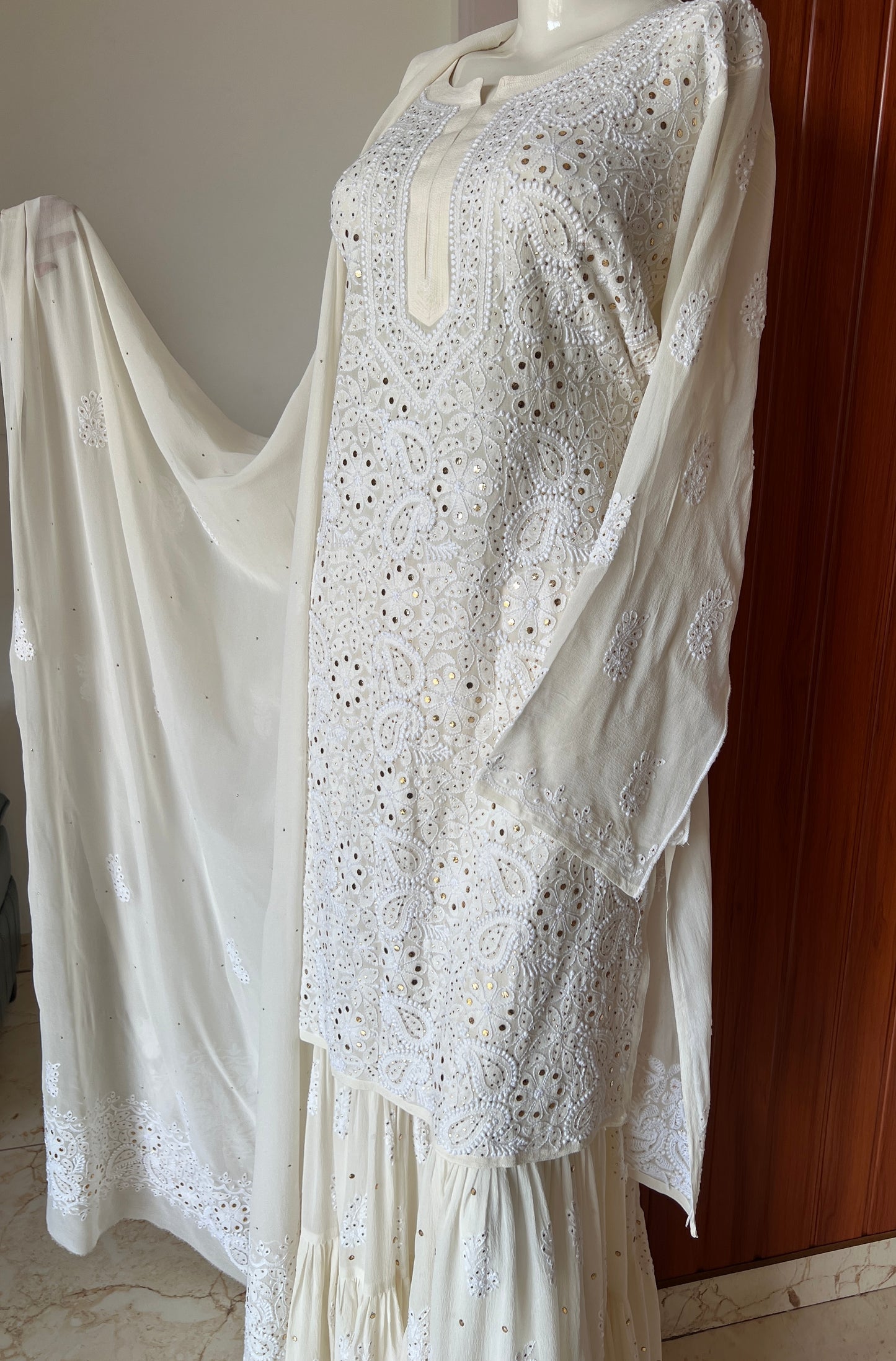 Ivory pure georgette Chikankari and Mukaish sharara set