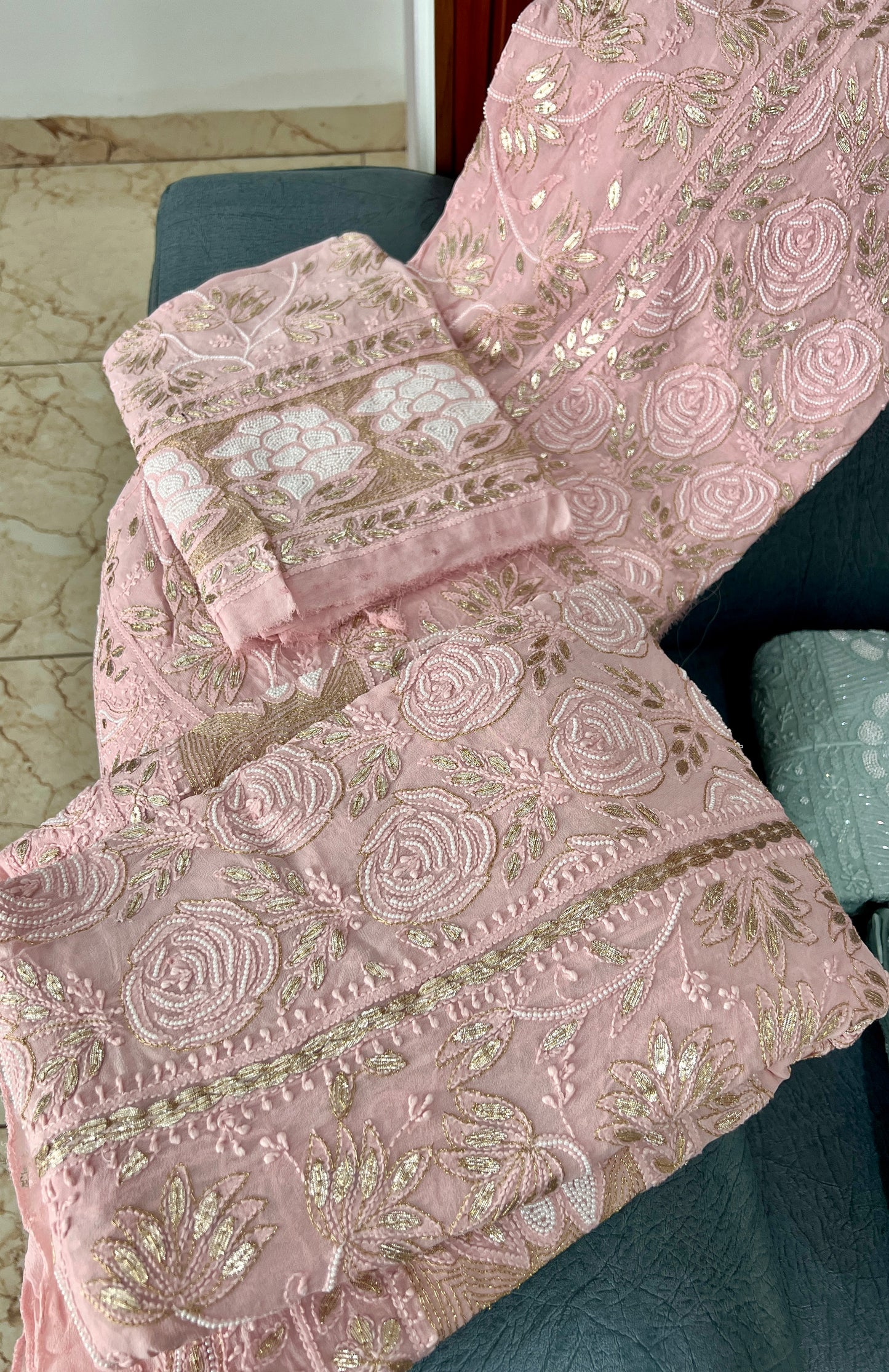 Ruhani Pink Chikankari Gota Patti and Pearl Wedding Lehenga
