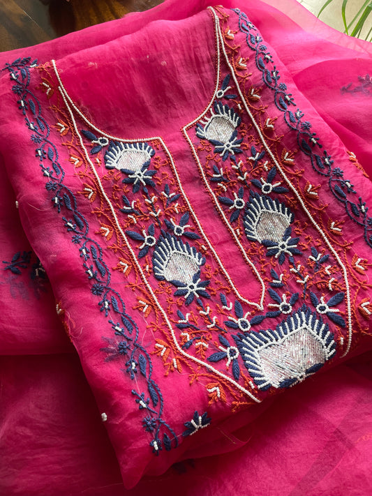 Hot Pink Chikankari pearl sequins pure Organza kurta with dupatta