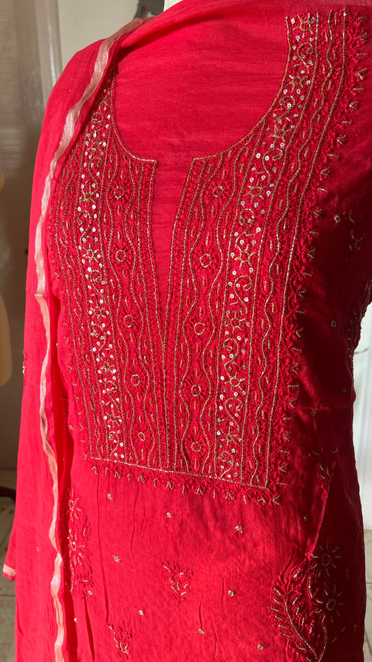 Mul Chanderi Chikankari Kurta and Dupatta Set