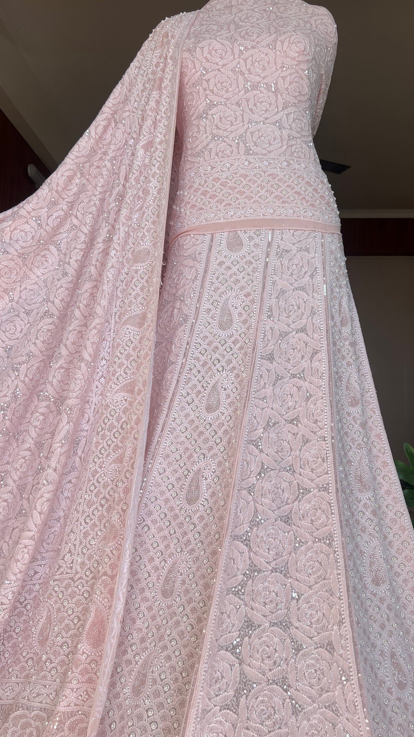 Ruhani Powder Pink Chikankari Pearl Cut Dana Sequins Wedding Lehenga
