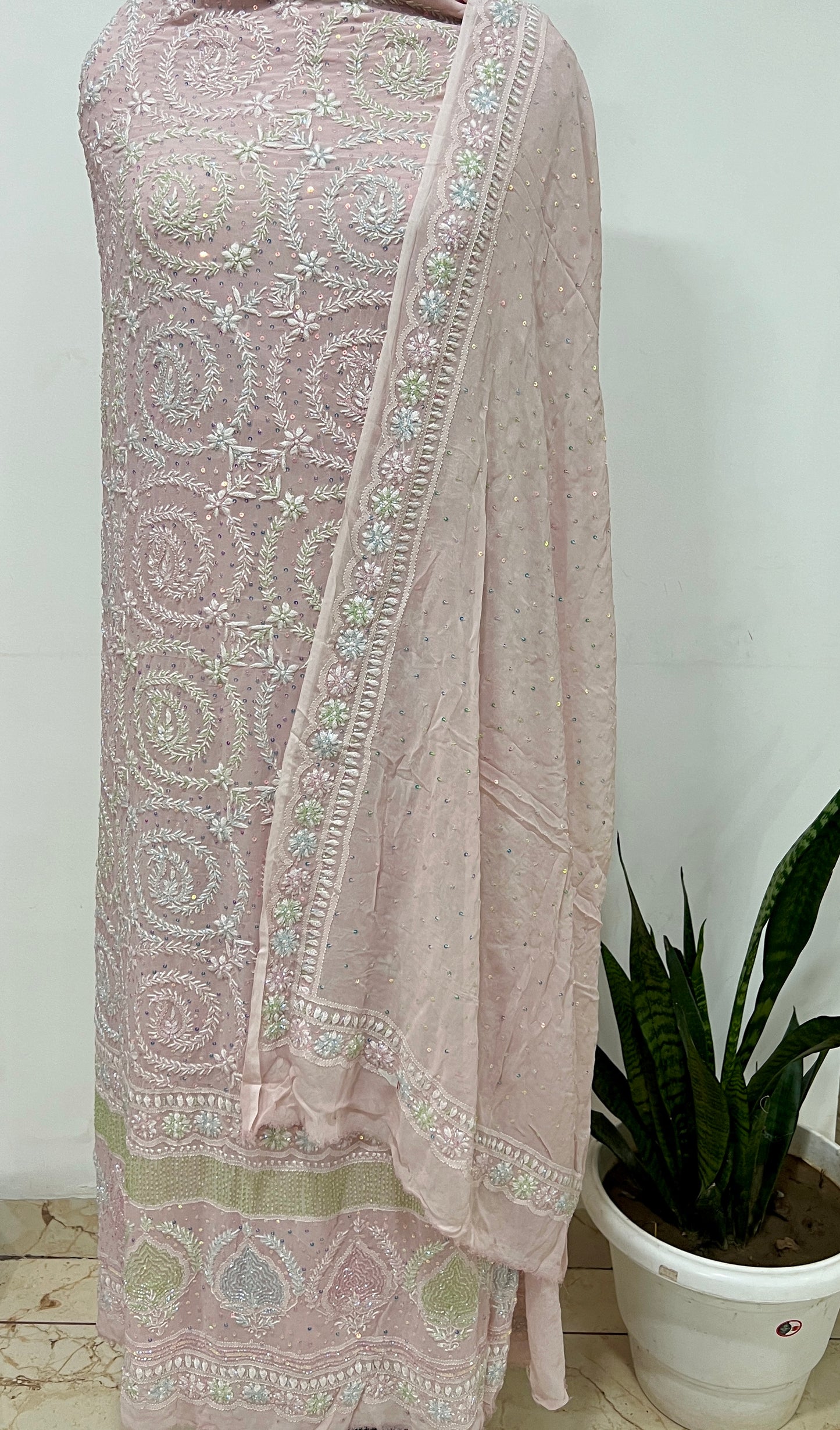Ruhani Pink Suit with Chikankari Multicolored Sequins and Cut Dana