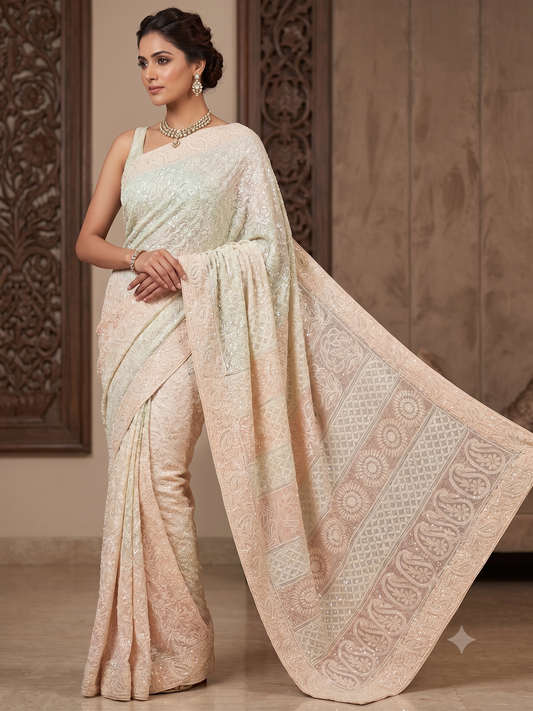 Ruhani Cream Chikankari Multi Cut Dana and Sequins Saree
