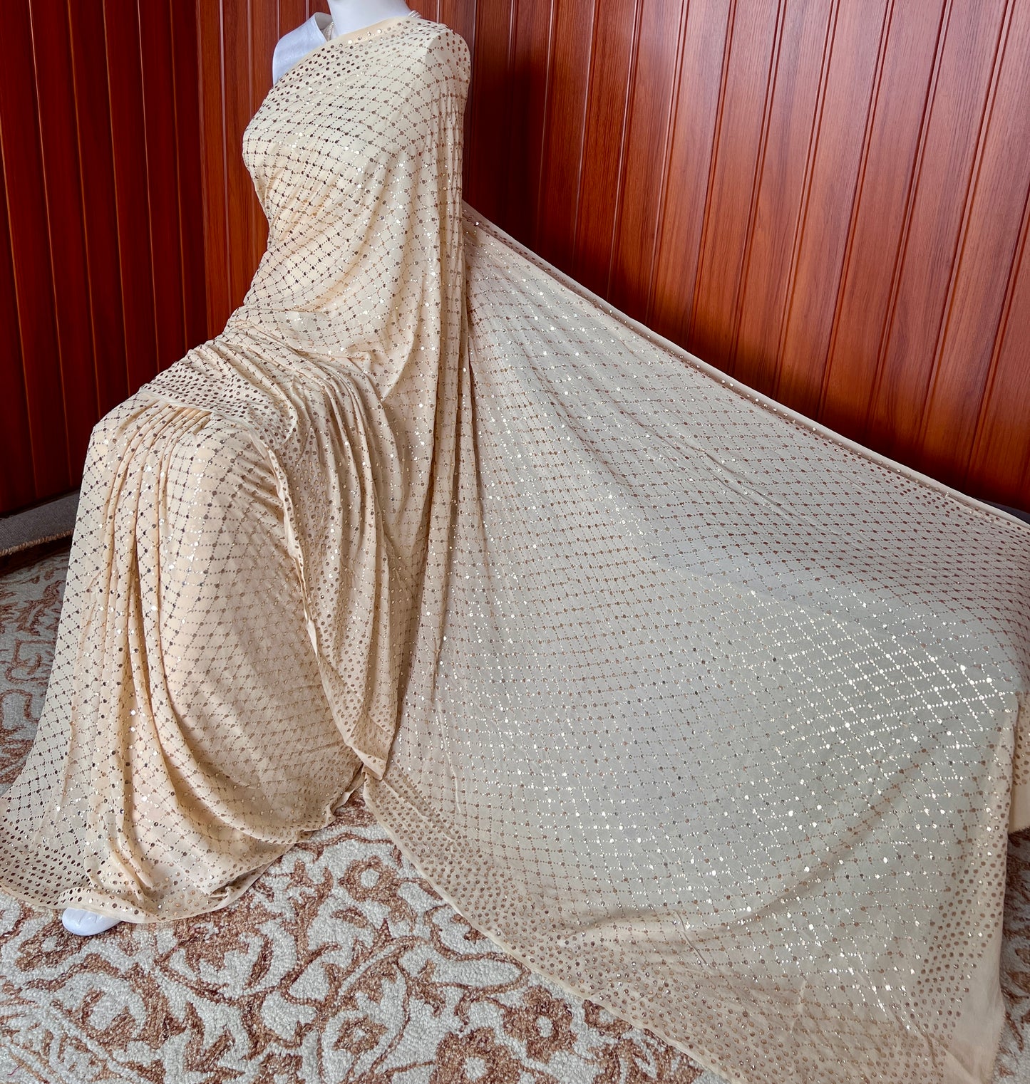 Ruhani Champagne designer mukaish work saree