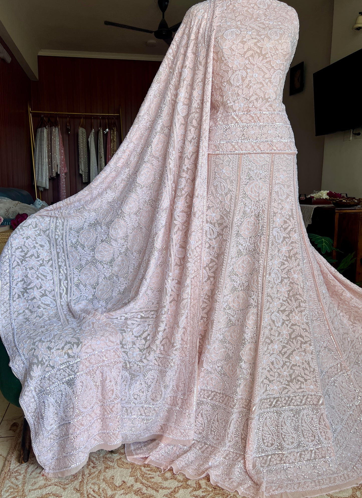 Masterpiece Ruhani Powder Peach Chikankari Sequins Cut Dana Wedding Lehenga