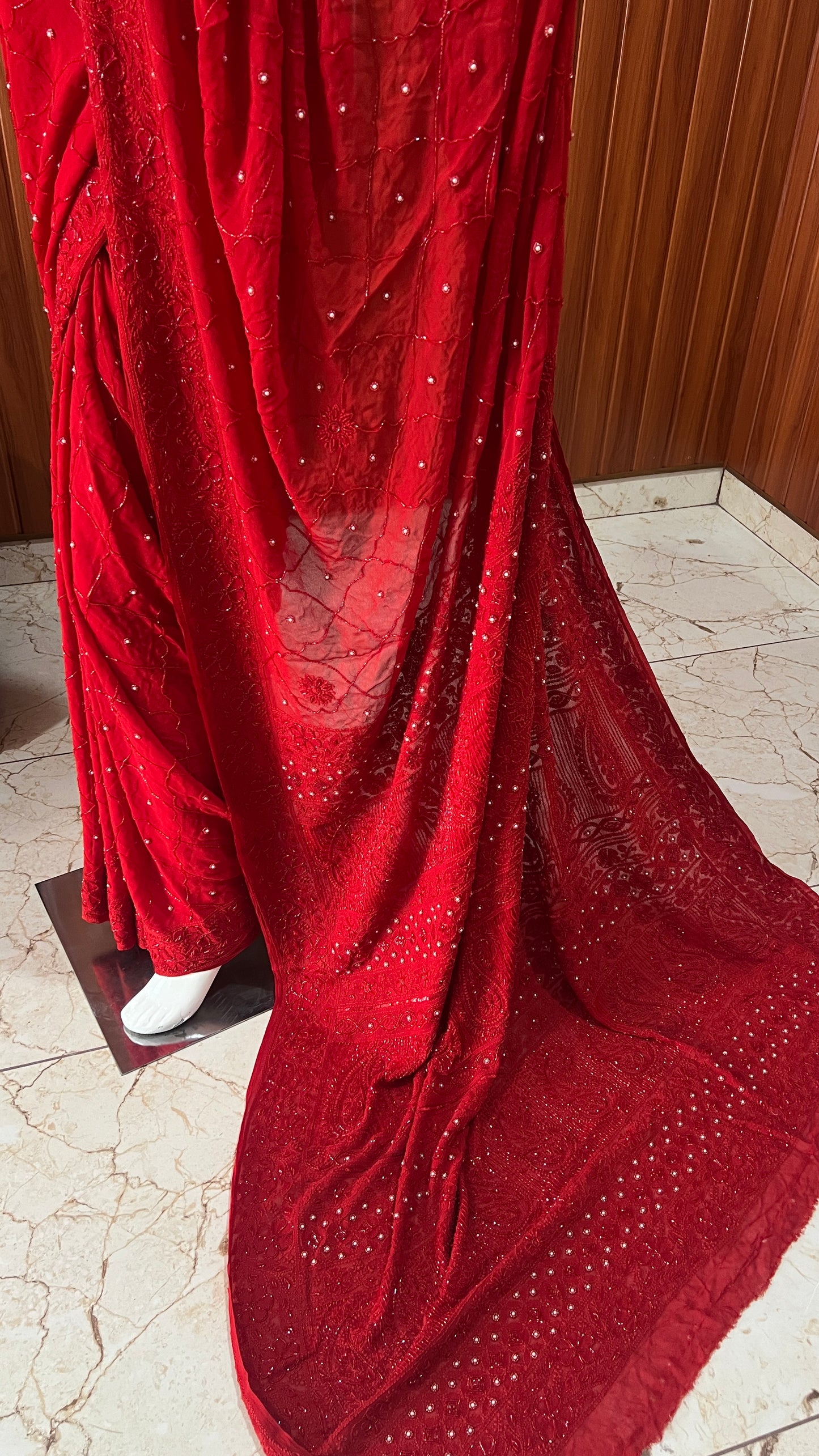Ruhani Red Chikankari Cut Dana and pearl Saree