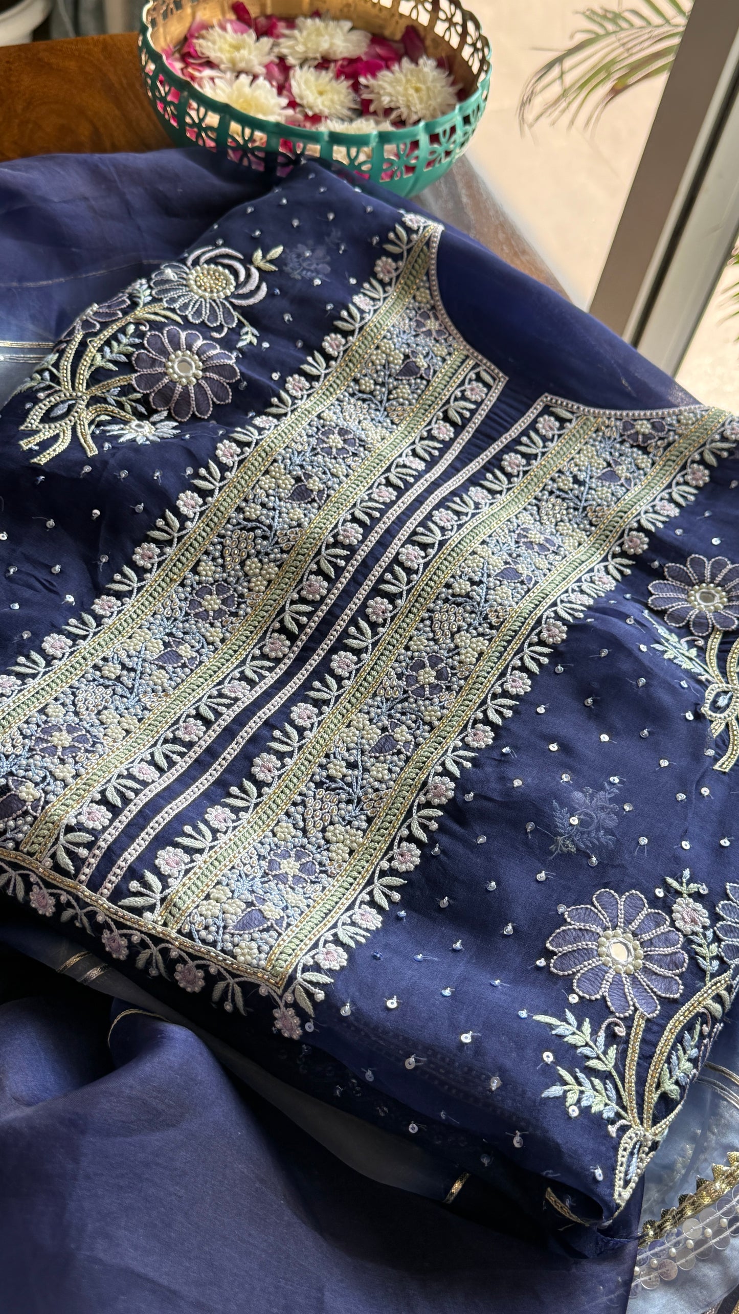 Ruhani Navy Blue fine Chikankari pure Organza kurta with dupatta