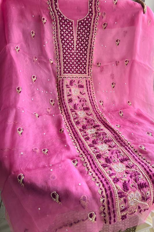 Mauvish pink Chikankari pearl sequins pure Organza kurta with dupatta