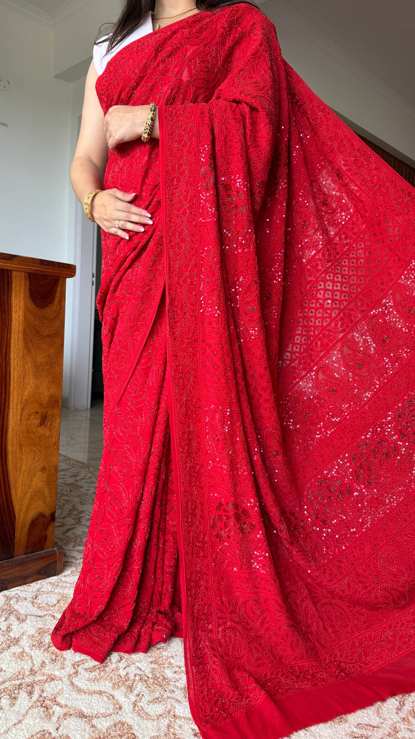 Surkh Laal Masterpiece Chikankari Cut Dana Sequins Saree