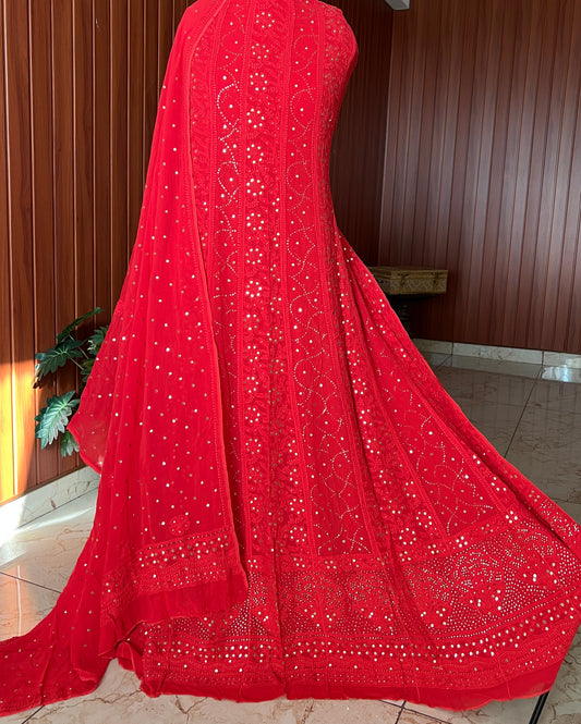 Red allover Chikankari and mukaish anarkali with dupatta