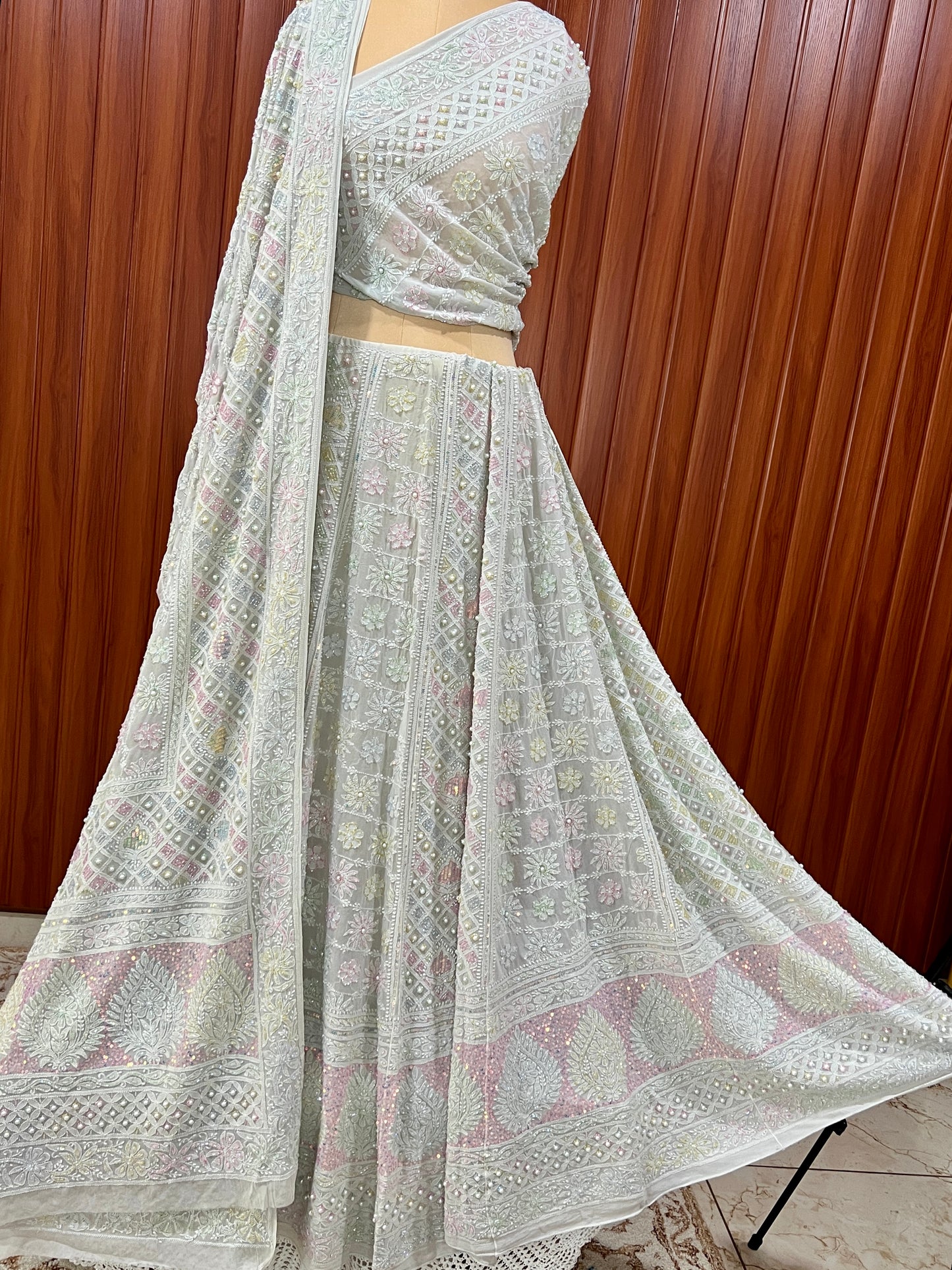 Ruhani Ice Mint Chikankari Multicolored Cut Dana Sequins Lehenga