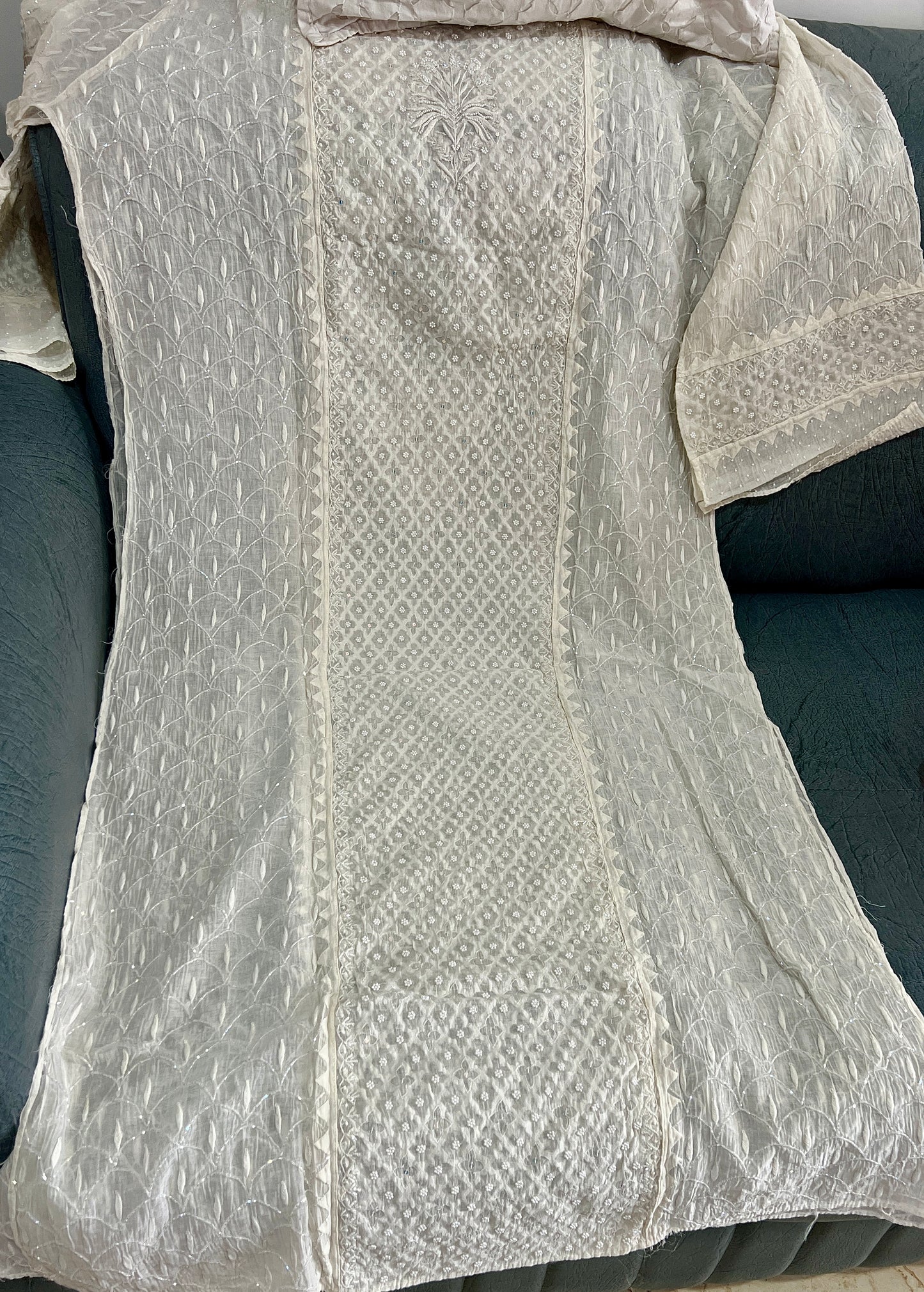 Ivory pearl and cut dana work mulmul kurta with dupatta