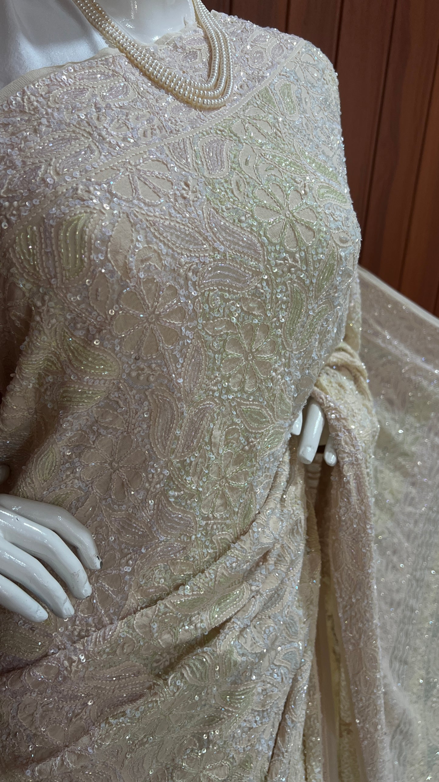 Ruhani Champagne Masterpiece Chikankari and Multicolored Cut Dana Saree