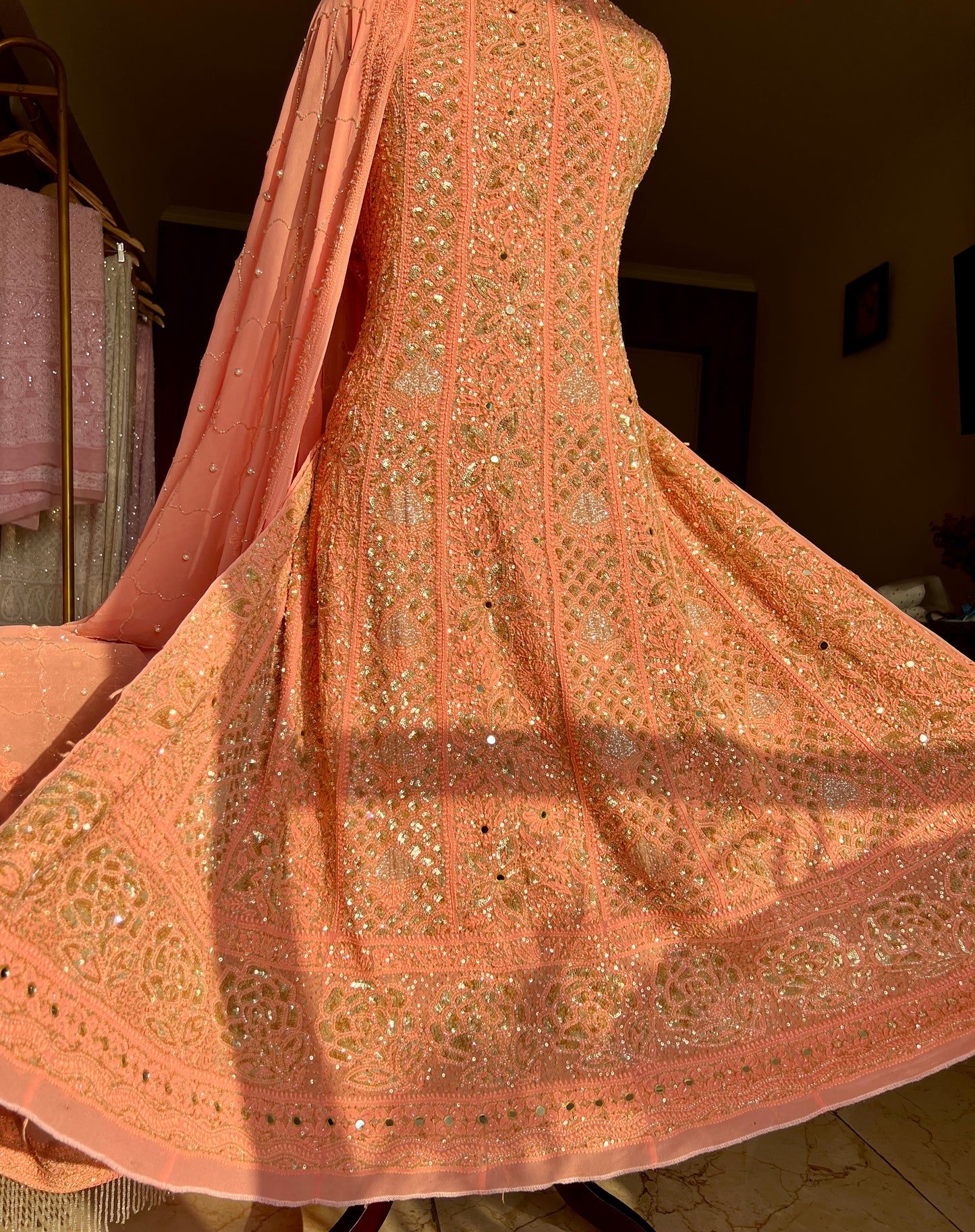 Ruhani Coral Peach Wedding Anarkali