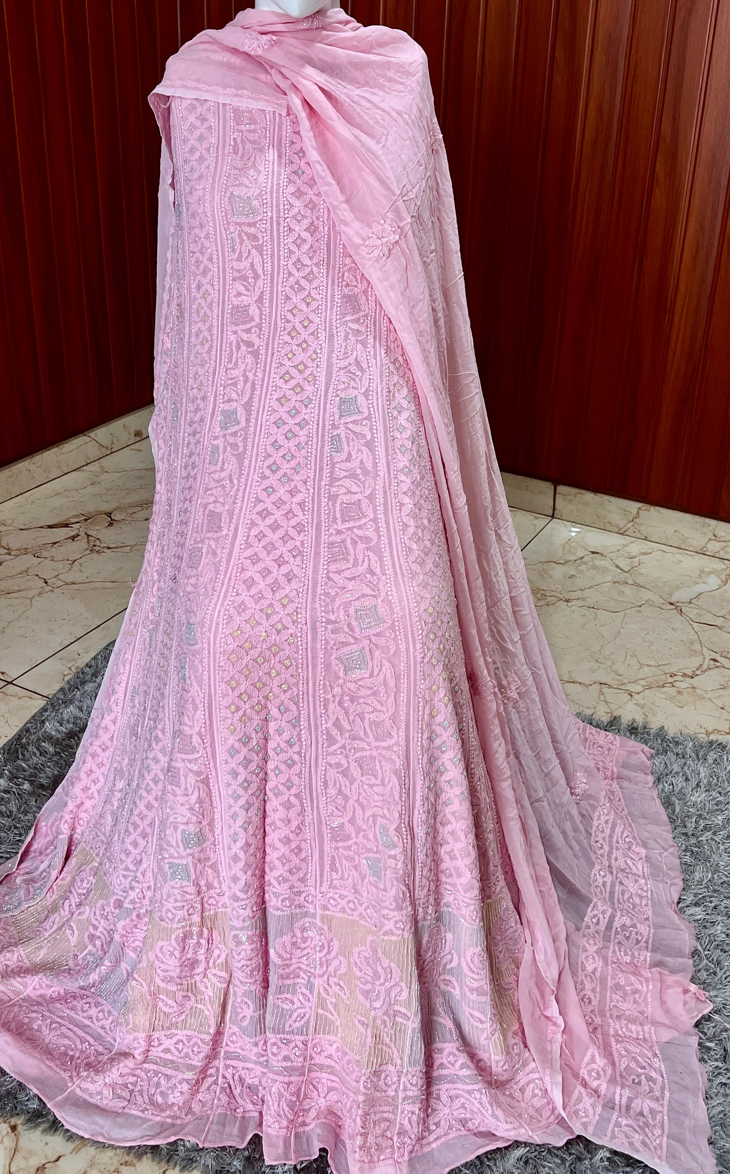 Pink Chikankari and Cut Dana Embroidered Anarkali with Dupatta